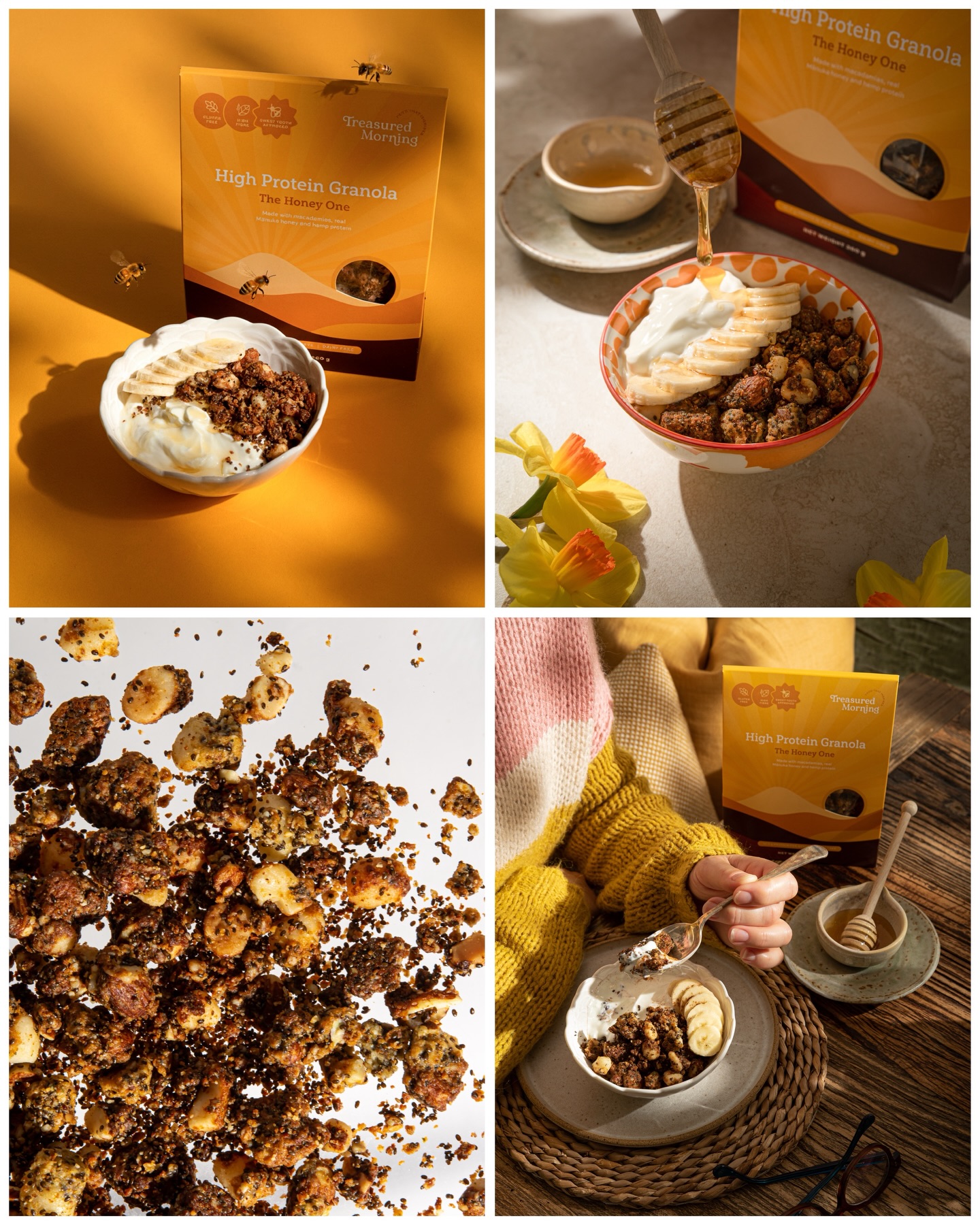 @treasuredmorning gorgeous high protein granola - The Honey One.
We created a suite of images for use across their website, socials and marketing campaigns. The vibe was cohesive, clean and bright.