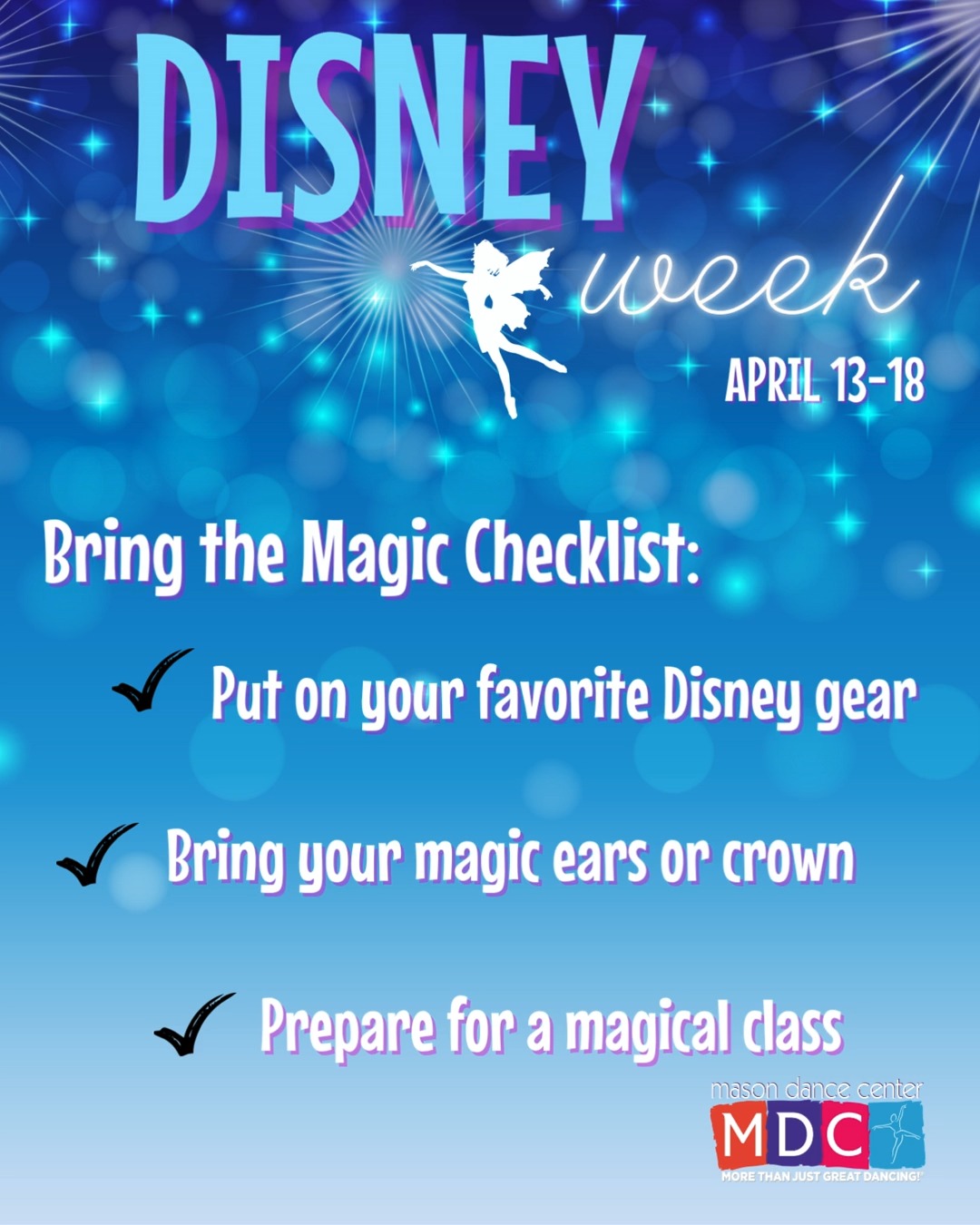💫Get ready for a magical week!
Do you have your ears, crown, hero's cap, etc ready? 🐭👑
We can't wait to see your pictures!
#DisneyWeek #masondancecenter