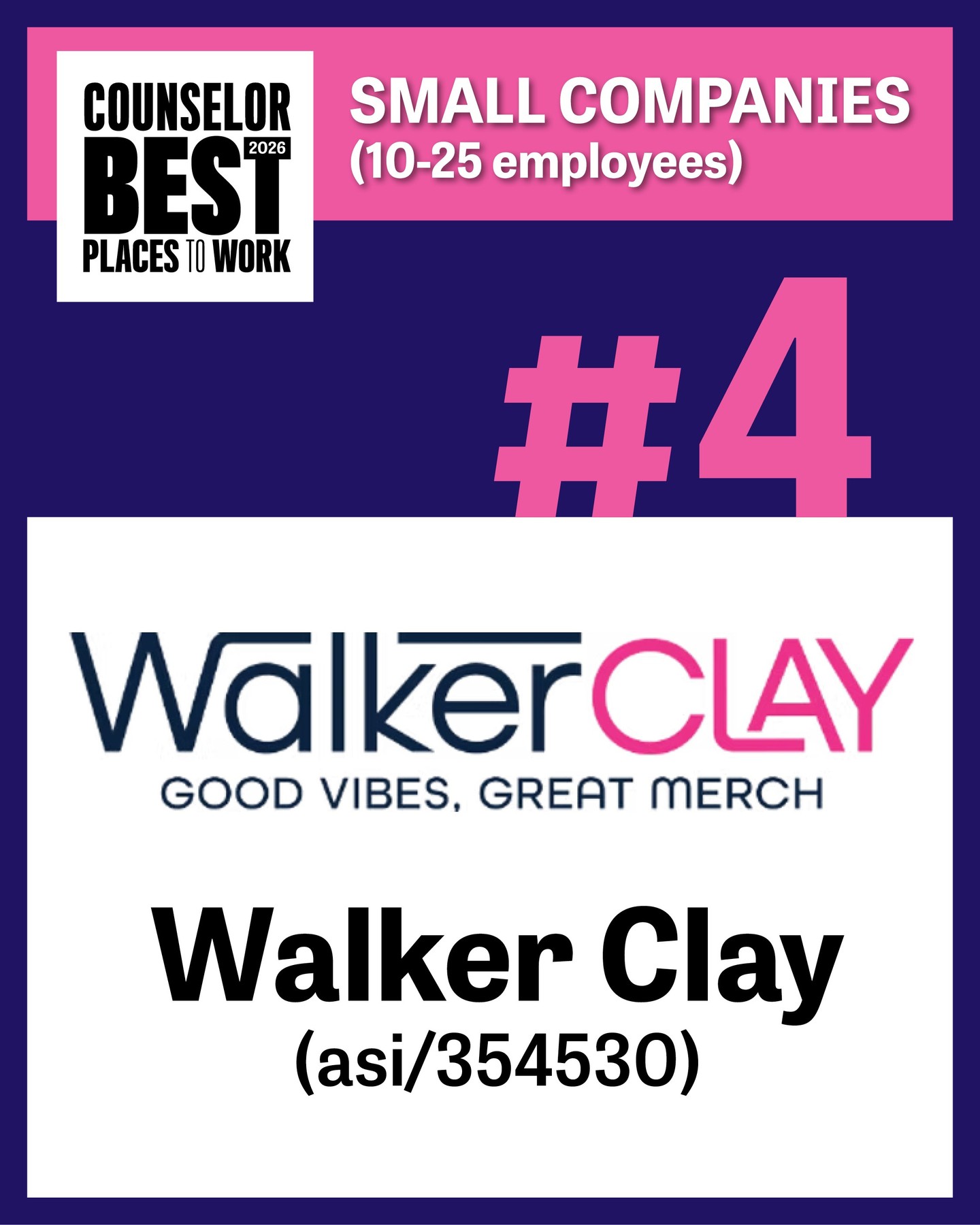 We’re excited to share that Walker Clay has been named one of Counselor’s Best Places to Work 🎉
We’re honored to be ranked #4 in the Top 5 Small Companies category, a recognition that reflects the incredible team and culture we’ve built together every day.
We are so grateful for the people who make Walker Clay what it is today and are so grateful to be peers to all the other amazing companies who have made the list! 💗
Check out the full list here: https://members.asicentral.com/news/strategy/april-2026/2026-counselor-best-places-to-work/?utm_medium=email&utm_term=N%2FA&utm_source=d365journeys&utm_content=ASI_Promogram_0413&utm_campaign=all-all-newsletter-rtg-promogram#msdynmkt_trackingcontext=2496c569-0a27-4dbb-ba94-bb0f71560100