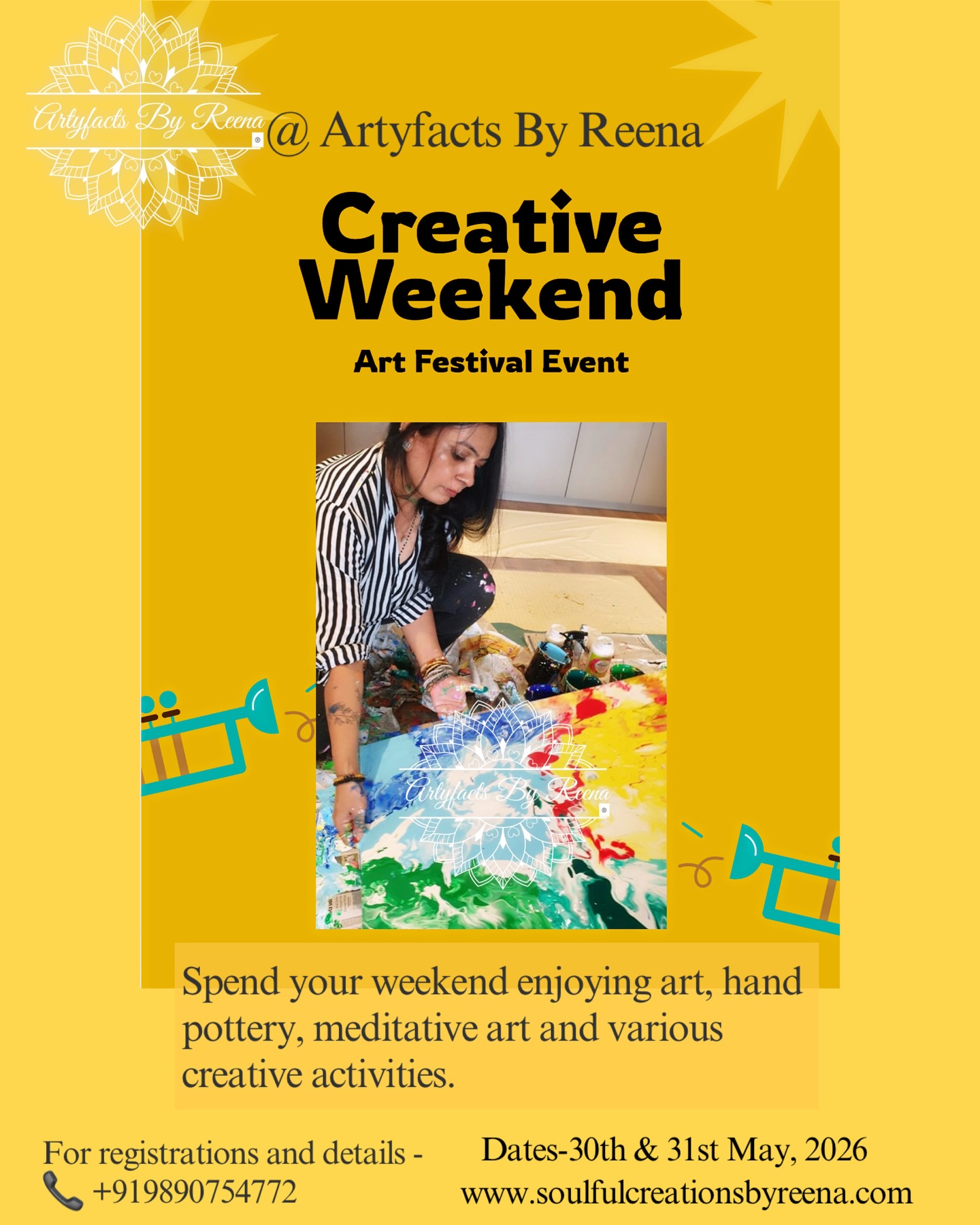 🎨 ART FESTIVAL by Artyfacts ByReena ✨
A celebration of creativity, colours, calmness & connection 🌿
Step into a space where art becomes an experience.
Whether you are an artist, a beginner, or simply someone looking to unwind creatively — this festival welcomes everyone. 💛
🖌️ Register & explore creative experiences like:
• Canvas Painting
• Meditative Art Forms
• Hand-held Pottery
• Texture & Mixed Media Art
• Creative DIY Activities
• Mindful Art Sessions
• Expressive Art Corners
🌸 Come create, relax, explore and reconnect with your inner artist.
No experience needed — just your curiosity and creative spirit.
✨ A perfect experience for:
• Individuals
• Friends & families
• Art lovers
• Corporate groups
• Anyone looking for a joyful creative escape
📍 Hosted by - ARTYFACTS BY REENA ®️
Viman nagar, Pune
📩 Registrations Open Now
💫 Limited slots available.
📞 +919890754772
Date- 30th & 31st May, 2026
Time- 11.30 a.m to 5.30 p.m
“Art is not about perfection… it is about expression, joy and presence.” 💫
Connect with us for all the details .
Prior registration must.
#ArtFestival #ArtyfactsByReena #MeditativeArt #CreativeLiving #PuneEvents CreativeEscape