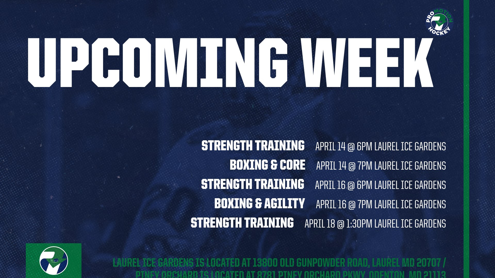 🚨 WEEKLY SCHEDULE 🚨
April 13 – April 19
Here’s what’s ahead this week at Pro Motion Hockey
📅 Tuesday (4/14)
6:00PM – Strength Training
7:00PM – Boxing & Core
📍 The Gardens Ice House
13800 Old Gunpowder Rd, Laurel, MD
📅 Thursday (4/16)
6:00PM – Strength Training
7:00PM – Boxing & Agility
📍 The Gardens Ice House
13800 Old Gunpowder Rd, Laurel, MD
📅 Saturday (4/18)
1:30PM – Strength Training
📍 The Gardens Ice House
13800 Old Gunpowder Rd, Laurel, MD
📅 Sunday (4/19)
10:45AM – Strength Training
12:00PM – On-Ice Skill Development
📍 Piney Orchard Ice Arena
8781 Piney Orchard Pkwy, Odenton, MD
🔥 Stay consistent. Stay sharp. See you on the ice.
#ProMotionHockey #HockeyTraining #PlayerDevelopment