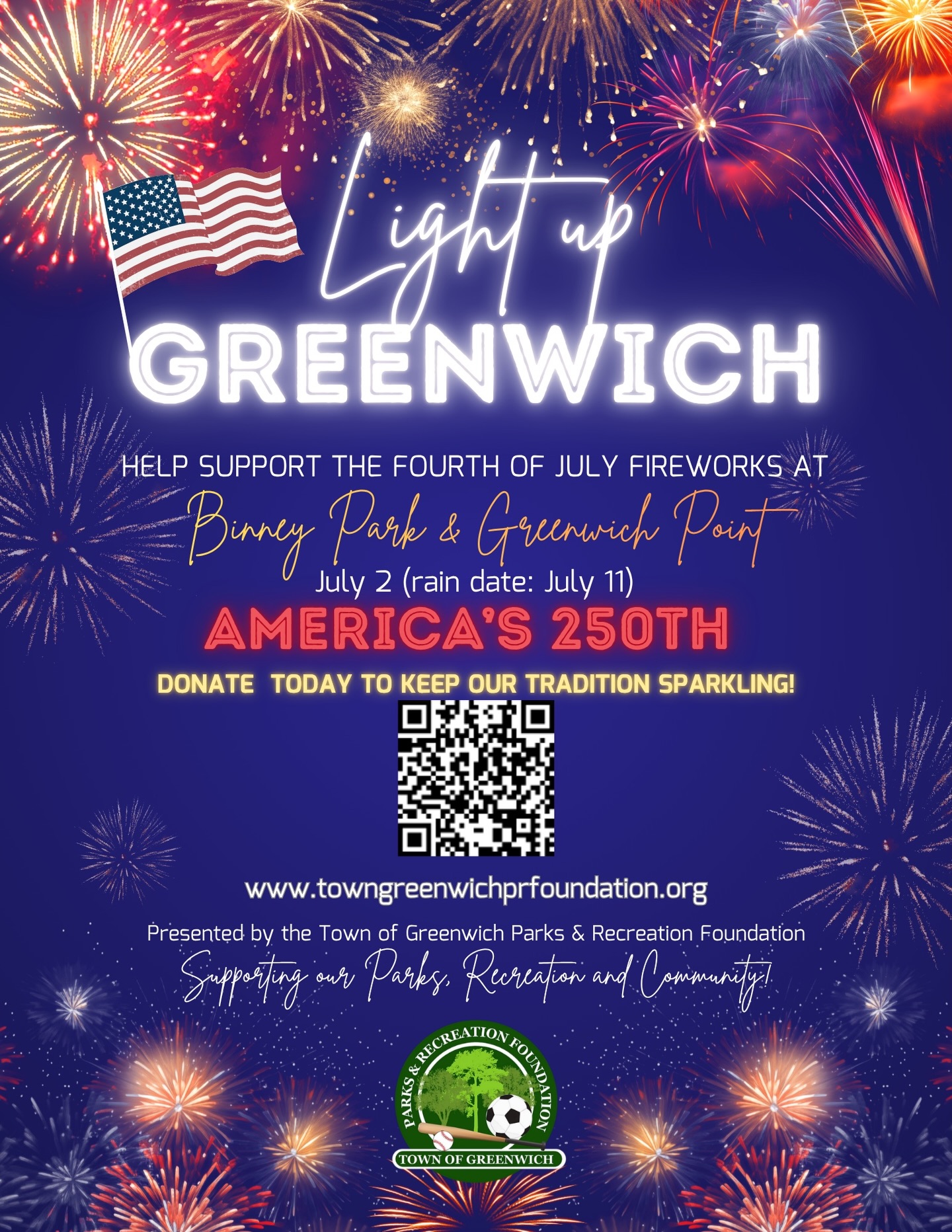 It’s going to feel like summer this week, so let’s start thinking about one of the best summer nights in Greenwich…🇺🇸
Friends, families, and neighbors gathered together under the glow of fireworks - one of our most cherished traditions.
This year feels even more special as we celebrate America’s 250th🇺🇸 🎂and we have an opportunity to make it unforgettable for our entire community.
@greenwichparksrec Foundation is working to really “Light Up Greenwich” at Binney Park & Greenwich Point on July 2 (rain date July 11) AND we need your help to keep this tradition shining bright.
Every contribution, big or small, helps bring this moment to life for generations to come.
✨ Make a tax-deductible donation today and be part of something that truly brings our community together.
🔗 Link in bio to support
Let’s make this year sparkle. 💫
#LightUpGreenwich #GreenwichCT #CommunityTradition #Americas250
#FireworksFundraiser