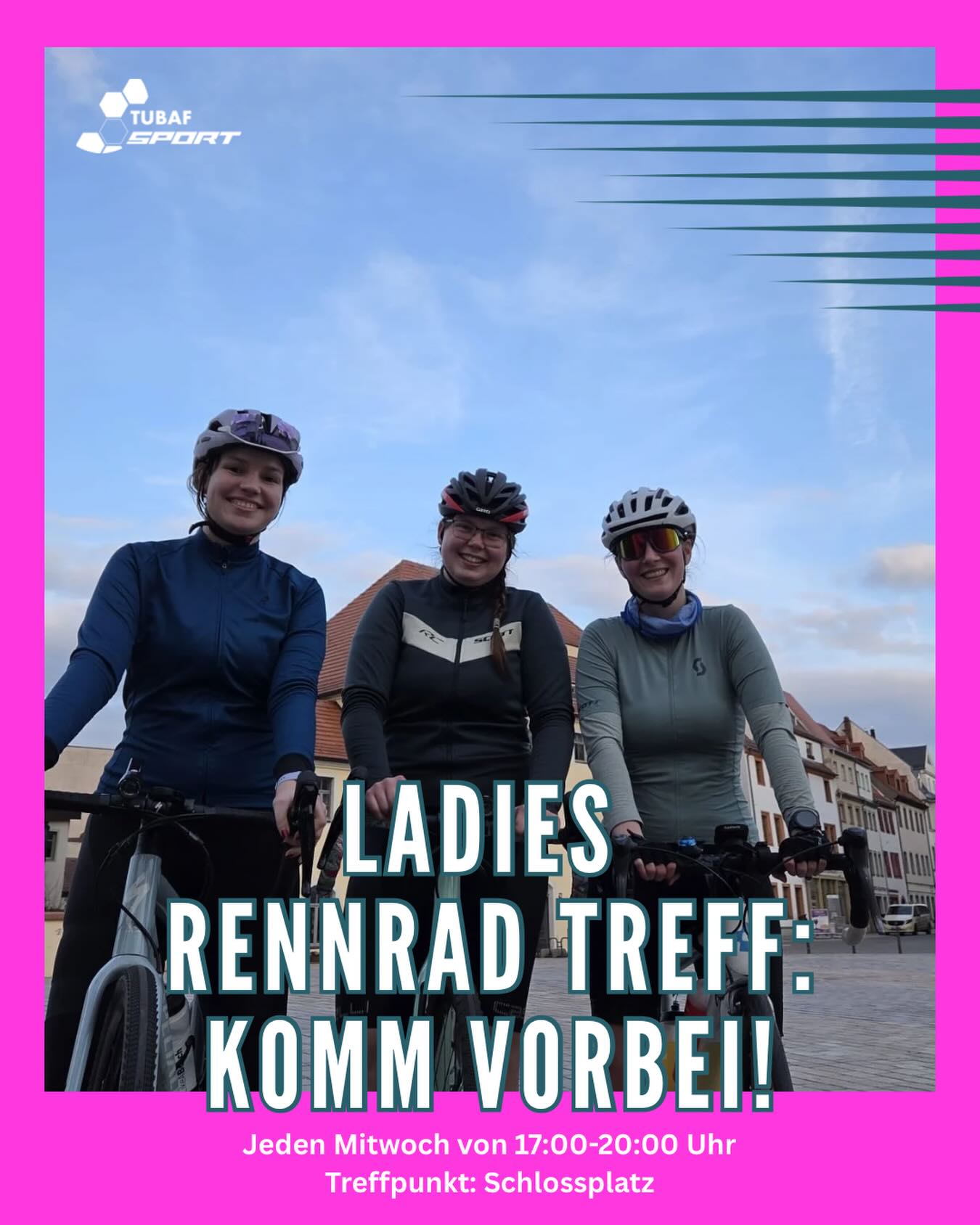 Du suchst einen Ausgleich zum Unialltag und fährst gerne Rad?🚴♀️☀️ Dann ist unsere Unisport-Radsportgruppe genau das richtige für dich!
Hier fahren Frauen gemeinsam - entspannt, ohne Leistungsdruck und mit ganz viel Spaß an der Bewegung. Egal ob Einsteigerin oder erfahren: Wie passen das Tempo an, unterstützen uns gegenseitig und genießen einfach die Zeit auf dem Rad. 🚲
❓Was?
Rennrad Treff Ladies
🕖Wann?
Jeden Mittwoch, von 17:00-20:00 Uhr
🌳Wo?
Schlossplatz Freiberg
💰Wie viel?
15 Euro/Semester (Studierende)
🔗Anmeldung?
Über unsere Website (Link in Bio)
Entdecke deine Stärke, genieße die Zeit draußen ☀️ und werde Teil einer motivierenden Community!🚴♀️