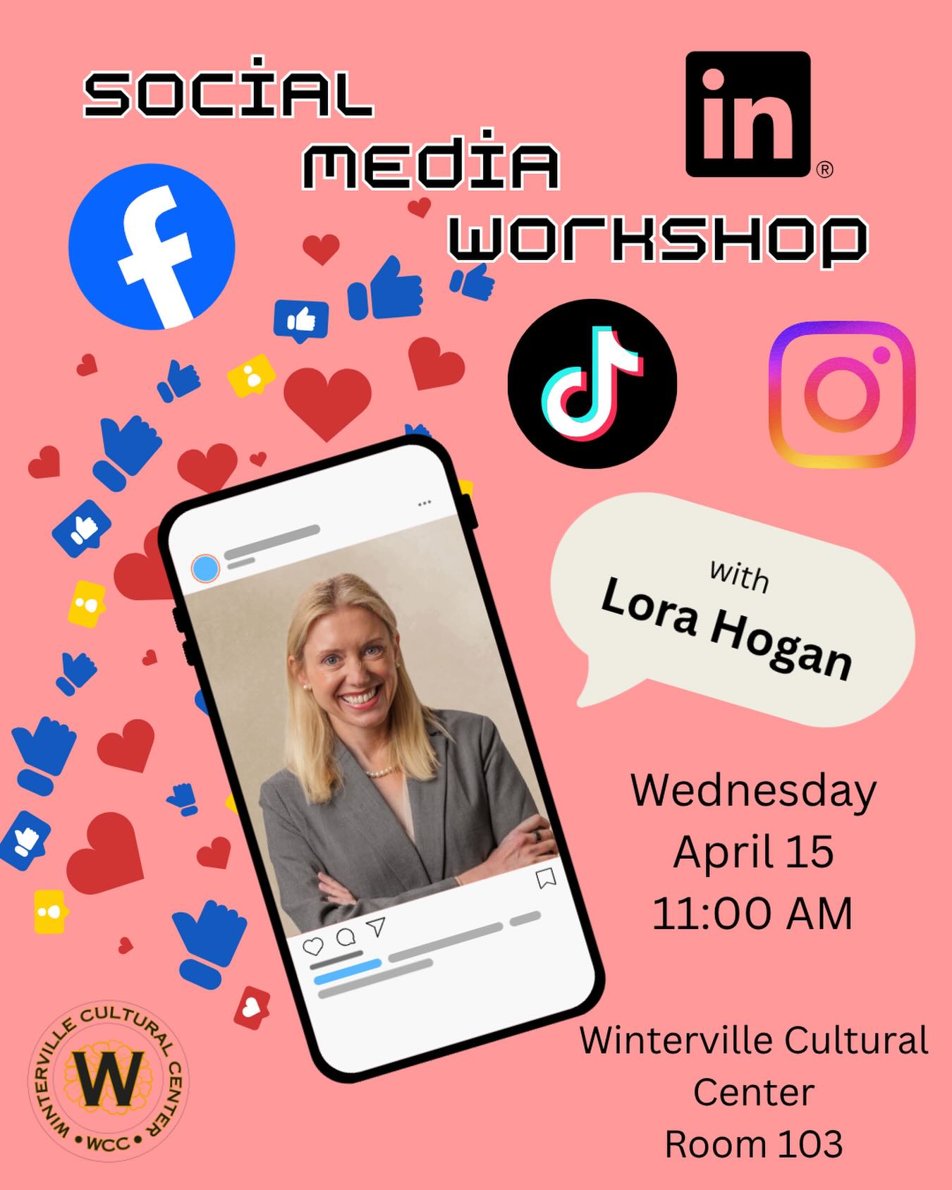 Come out to a free social media workshop TOMORROW starting at 11:00 a.m. at the Winterville Cultural Center. Our masterclass will be led by the incredibly talented Lora Hogan!