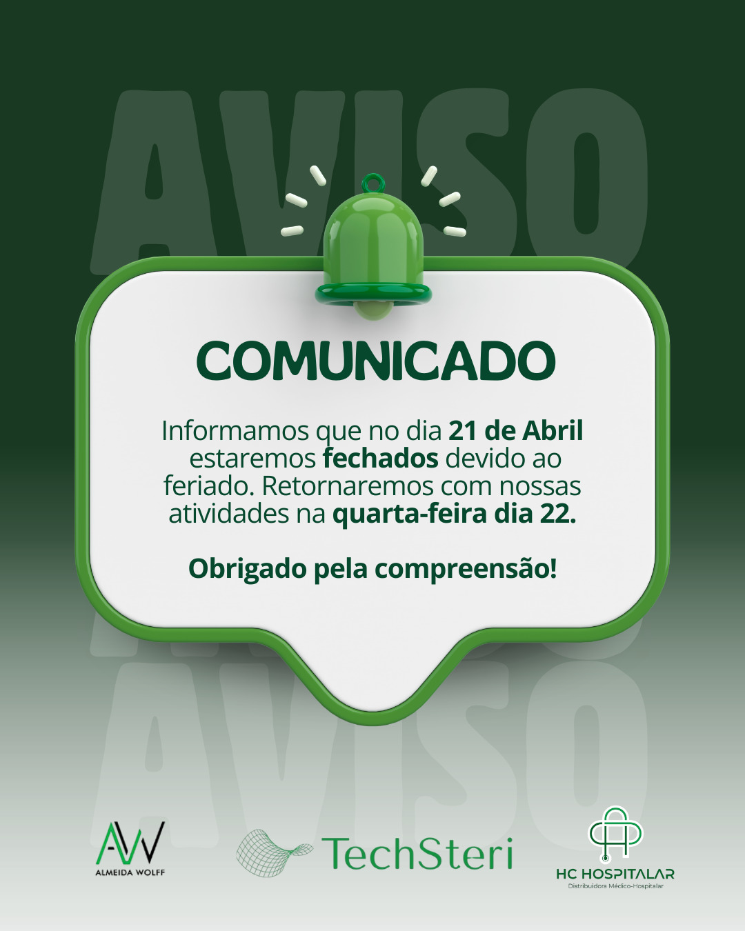 Informamos que, devido ao feriado de Tiradentes, não haverá expediente em nossas unidades no dia 21 de abril (terça-feira).
Retornaremos com nossas atividades normais na quarta-feira, dia 22. Programe-se e conte conosco para o que precisar no retorno!
Agradecemos a compreensão de todos. 🤝
