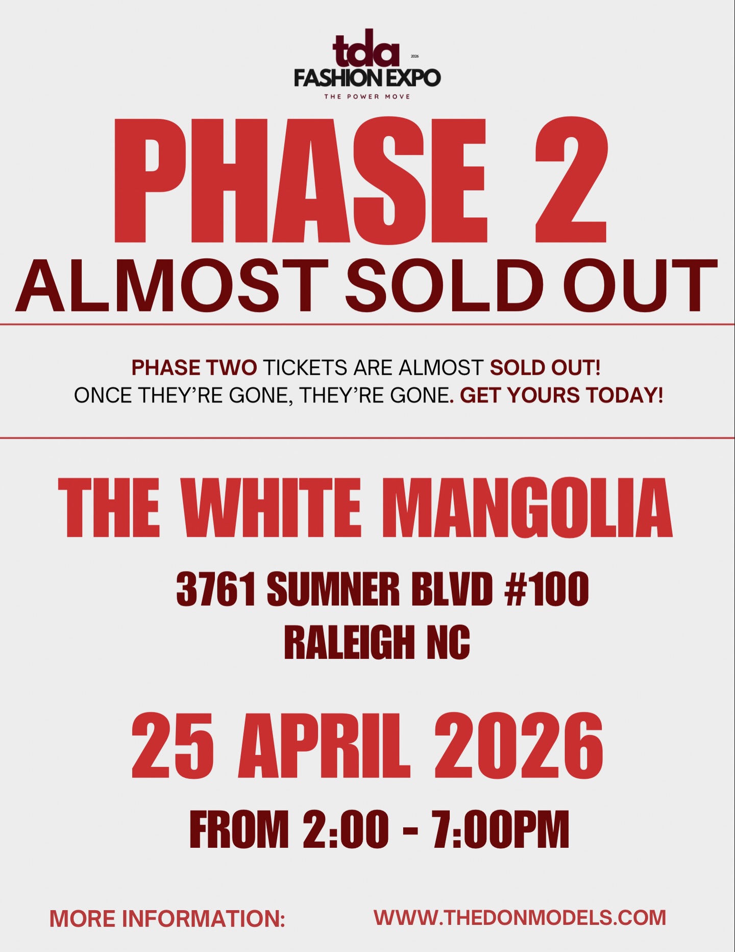 We are officially a few tickets away from being SOLD OUT of Phase 2 👀
Let me say that again…
A. FEW. TICKETS. LEFT.
Once Phase 2 is gone, that’s it — no more at this price.
If you’ve been waiting, thinking, or “about to buy”… this is your moment.
📍 The White Magnolia | Raleigh, NC
📅 April 25th
🕑 2PM – 7PM
This is more than a fashion show — it’s a full experience.
🎟️ Secure your ticket NOW
Use a code for $$ off
Don’t get left watching it on Instagram later.
#TDAFashionExpo
#AlmostSoldOut
#RaleighEvents
#NCEvents
#raleighnc