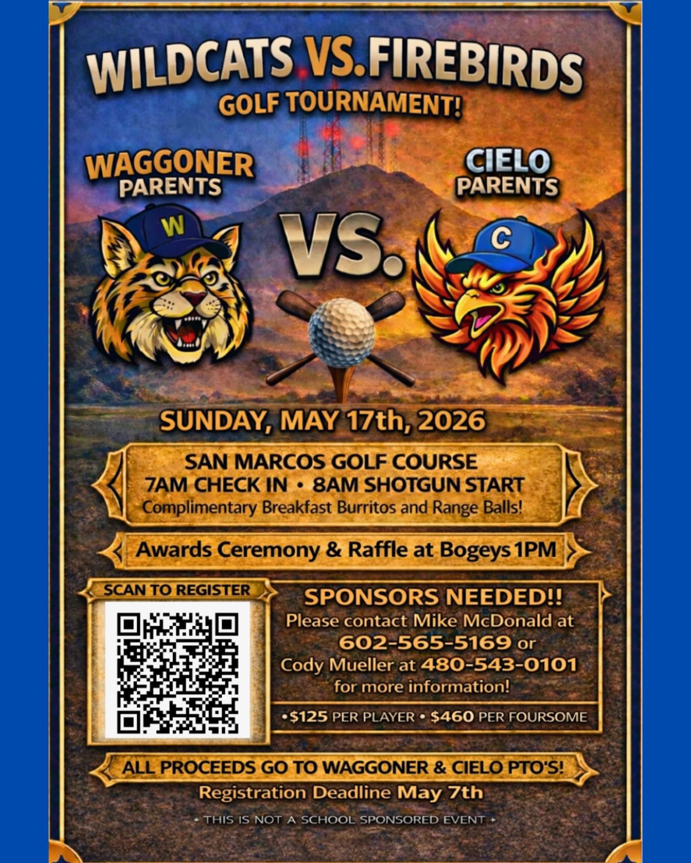The Waggoner vs. Cielo Golf Throw-Down is the inaugural golf tournament fundraiser to benefit of the Waggoner and Cielo Elementary School PTO’s. The tournament is scramble style with each foursome representing either Waggoner or Cielo Elementary. All funds raised will go into a tournament prize purse that will be split 60/40, with 60% of the purse going to the winning team’s school and the other school getting 40%. There will also be closest to the pin, men’s and women