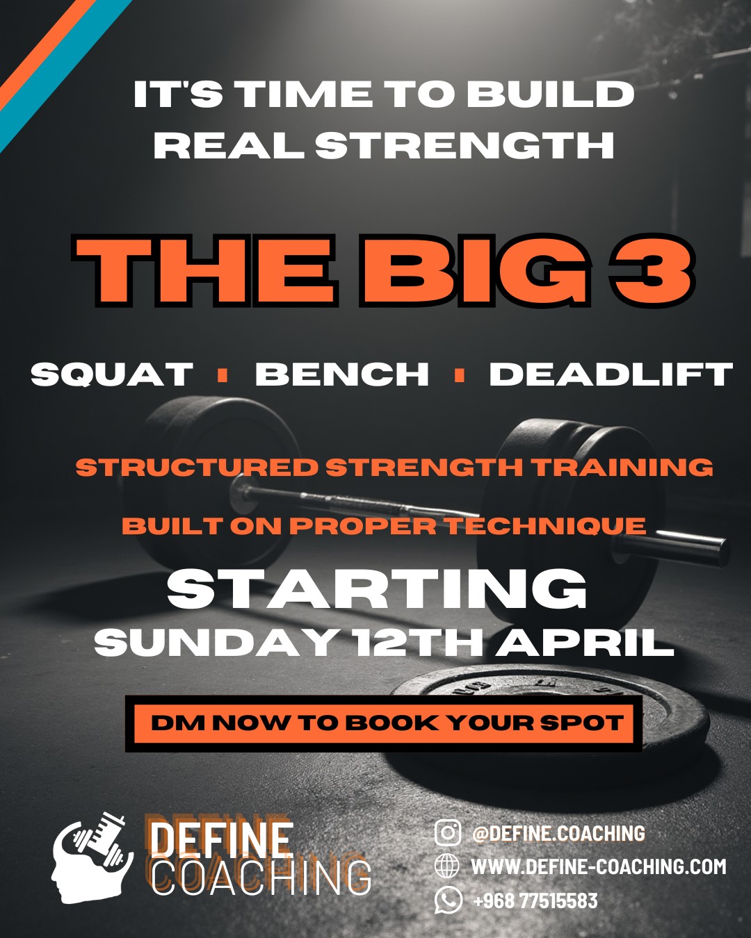 Most people don’t need more variety.
They need better fundamentals.
The Big 3 is a structured strength program built around the lifts that matter most:
• Squat
• Bench Press
• Deadlift
With a strong focus on:
✔ Technique
✔ Structure
✔ Progressive overload
Whether you’re new to lifting or looking to finally break through that plateau, this program is designed to build real strength the right way.
No guesswork. No shortcuts.
Just proper training.
📩 DM us to register your interest
#DefineCoaching #strengthtraining #progressiveoverload #liftingtechnique #muscatfitness #omanfitness