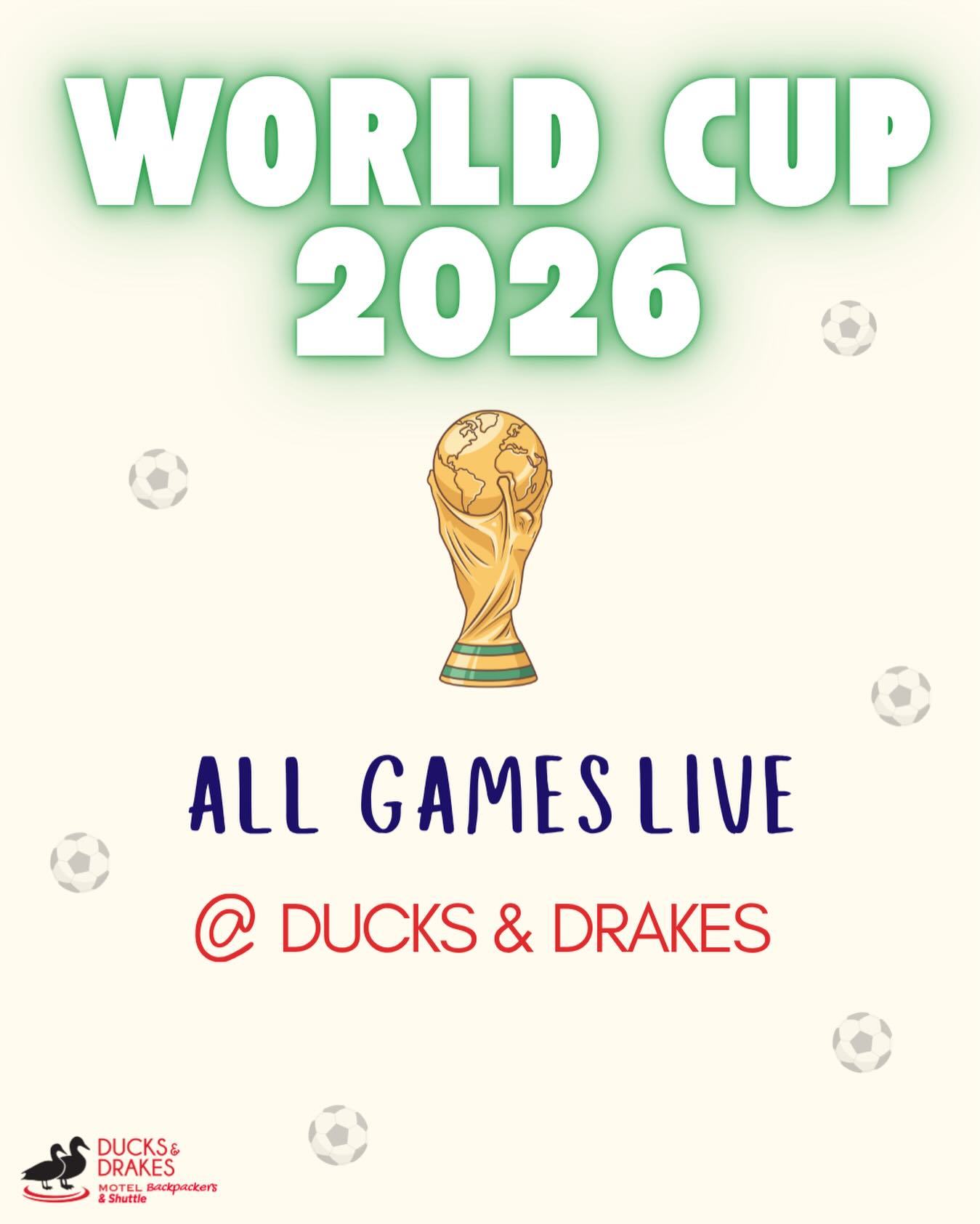 The World Cup is coming up quickly ⚽️
We will be playing every single game live here in the lounge @ Ducks & Drakes!! 🌎🍻
Bring your friends & come join us (maybe stay with us too😉)
More details coming soon 👀