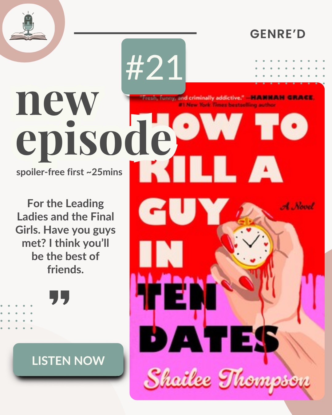 A horror rom-com should not work… and yet, this absolutely does
This week we’re talking How to Kill a Guy in Ten Dates by Shailee Thompson, where a NYC speed dating event turns into a full slasher scenario and somehow still delivers romance, humor, and Taylor Swift??
Final girl or leading lady… pick your fighter
🎧 Episode 21 is live
#bookpodcast #currentlyreading #bookrecommendations #romcombooks #finalgirl