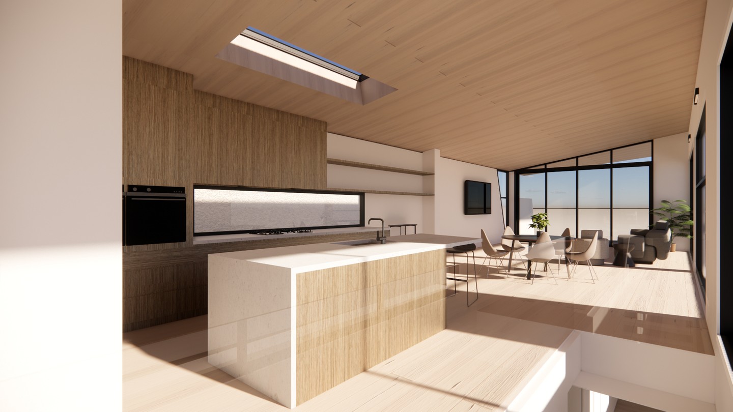 Simple palette of materials and soft light to create a warm and inviting kitchen.
