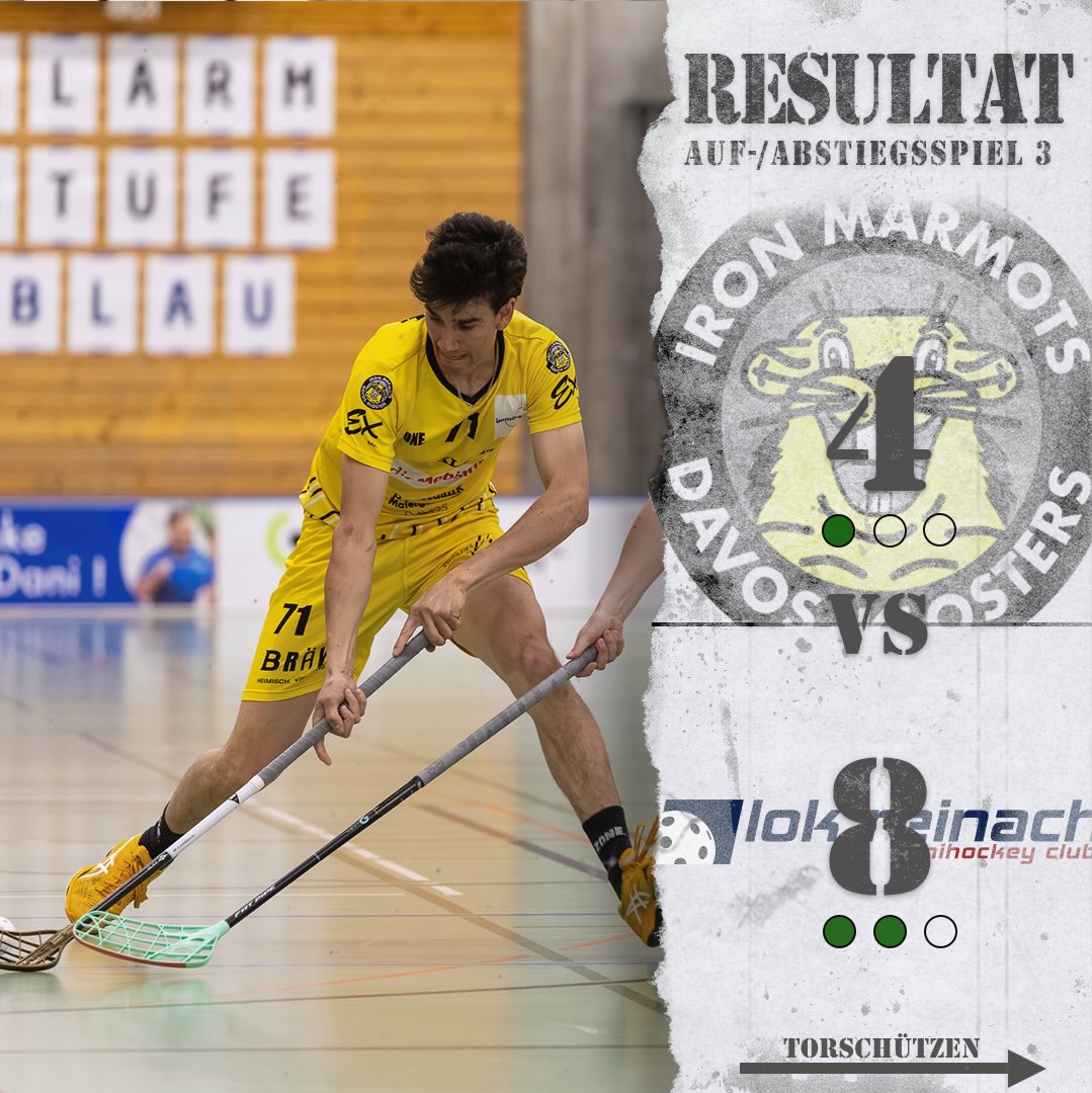 Nach zwei Niederlagen am Wochenende steigen die Iron Marmots aus der NLB ab.
Der Knockout kam nach 6:39 in der Verlängerung. Somit geht die Serie mit 3:1 an Lok. Wir gratulieren und danken für die intensive Serie.
Die Marmots bedanken sich für die grossartige Unterstützung unserer Fans und Helfer. Mehr denn je gilt nun: Zäma fürd Mungga! Weiter gehts🖤💛