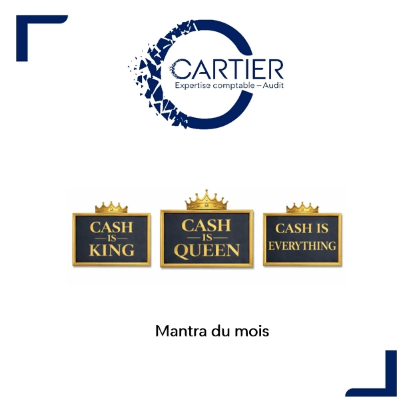 "Cash is queen" 💲
C'est le nom du mantra du mois de notre accompagnement sur-mesure "Millésime".
Je le décline bien sûr en "Cash is king" 👑
Parce que pour tout entrepreneur, une vérité s'impose : sans une trésorerie saine, tout s'effondre.
"Cash is everything" 💎
C’est le cœur qui fait battre l'entreprise. 💙
On parle d’honoraires, de rétrocessions, d'URSSAF, de CARMF, d'EBE, de résultat net… Mais la trésorerie, c'est souvent ce qui permet de saisir les opportunités quand elles se présentent, notamment un projet immobilier 🏗
TO DO : accompagner nos clients à transformer leur trésorerie en levier de décisions.
📸 Image générée sur Chatgpt avec un prompt de Claude.