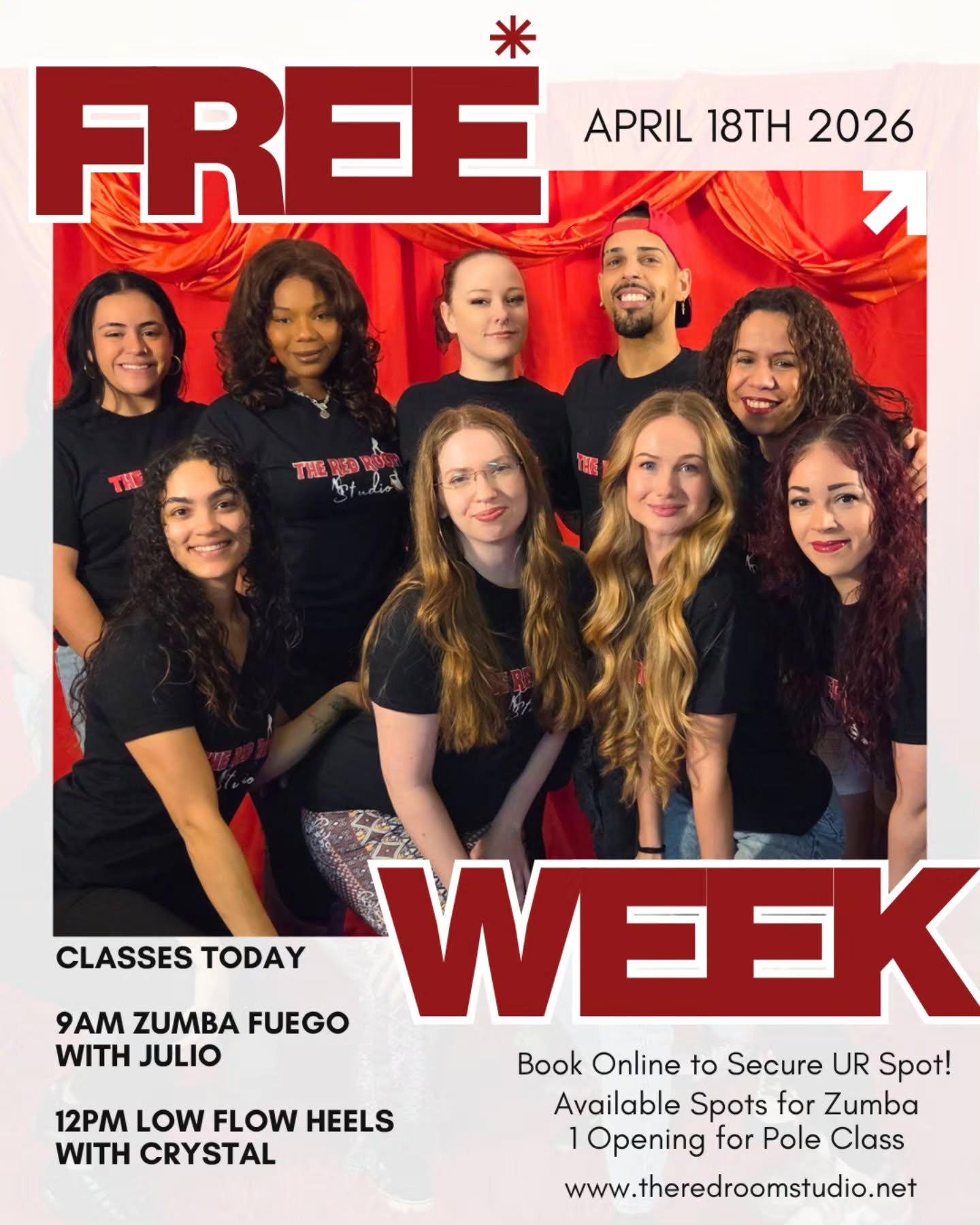 LAST DAY of FREE WEEK
Last few classes to sign up for before our Free Week is completely over. Few Openings for Zumba Fuego and 1 opening for Low Flow Heel Poles.
Tap in with us after classes for an eventful afternoon 😄 RSVP for our Open House happening today at 2:00pm
#theredroomstudio #freeclasses #freeweek #Zumba #poleclasses