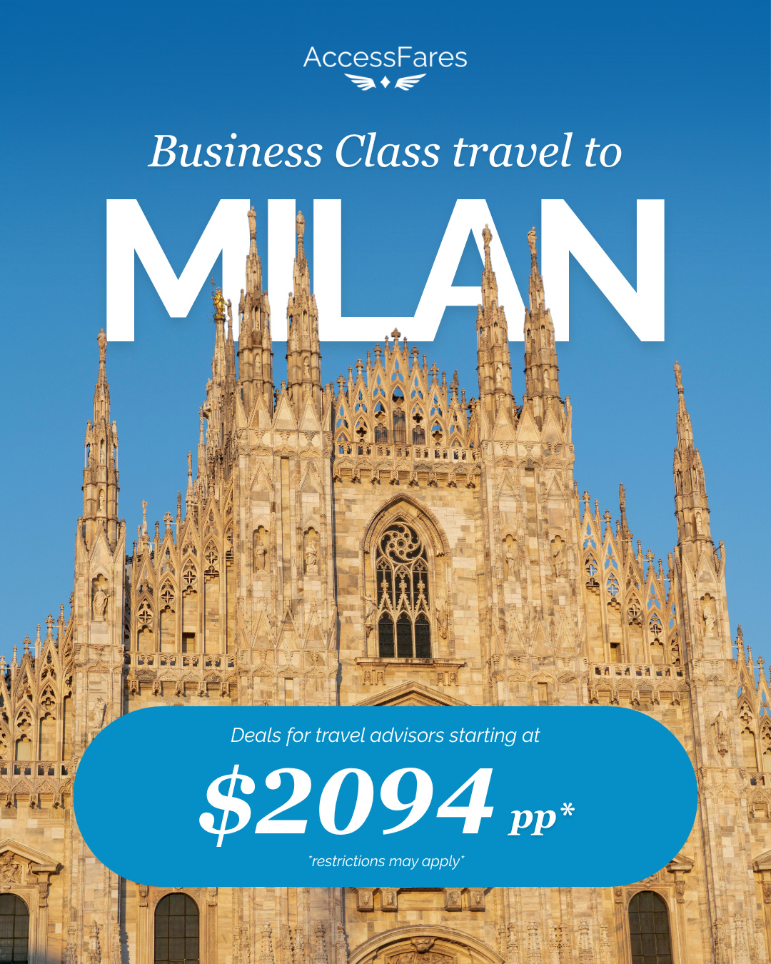 Premium cabins. Iconic destination. Unmatched value.
Business class to Milan from $2,094 pp—perfect for your luxury clients looking for Europe done right.
#travel #traveladvisor #milan #italy #europe