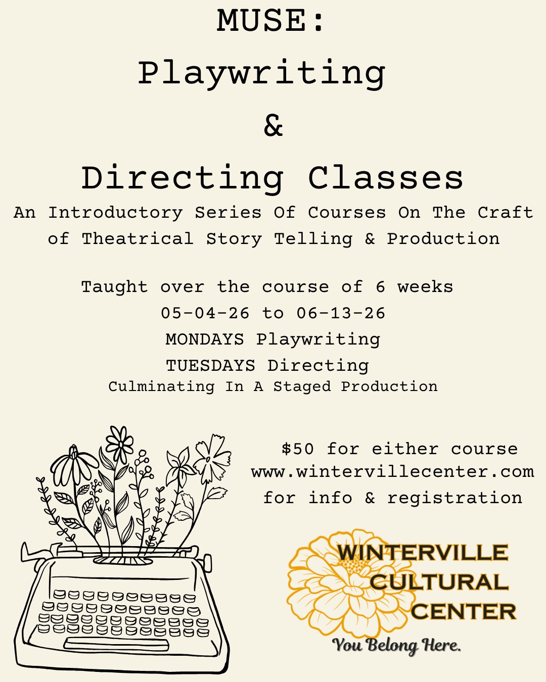 New Class Alert!🎭🎬
Mondays & Tuesdays beginning in May,
Learn everything you need to know to become a skilled Director or Playwright!