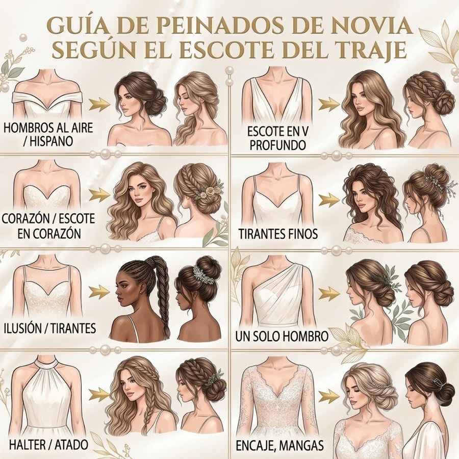 Dime qué escote llevas en tu traje de novia y te diré qué peinado te favorece. La clave para un look de novia equilibrado está en los detalles. 📌 ¡Guárdalo para tu prueba de peinado!#weddingdress #weddinginspiration #wedding #boda #bride