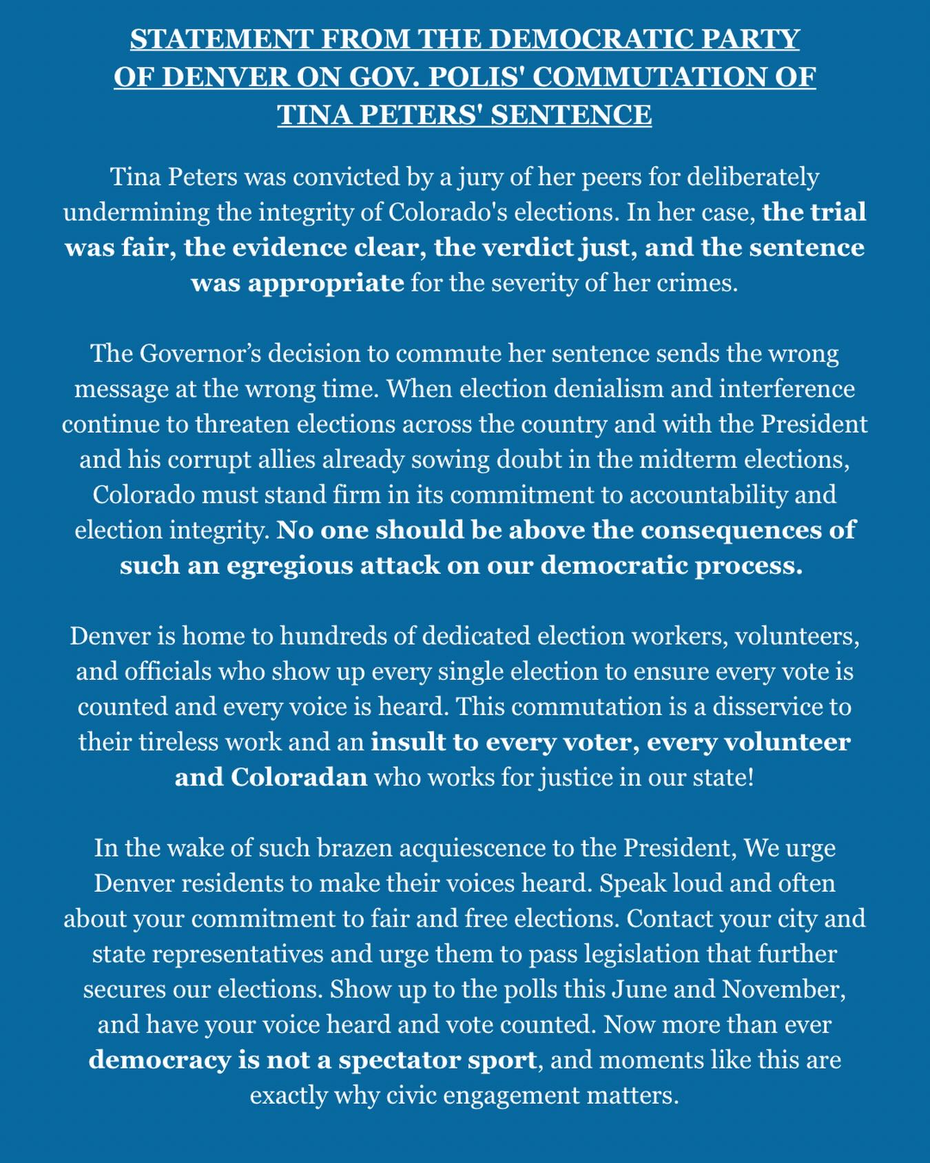 The Democratic Party of Denver’s Statement following Gov. Polis freeing Tina Peters