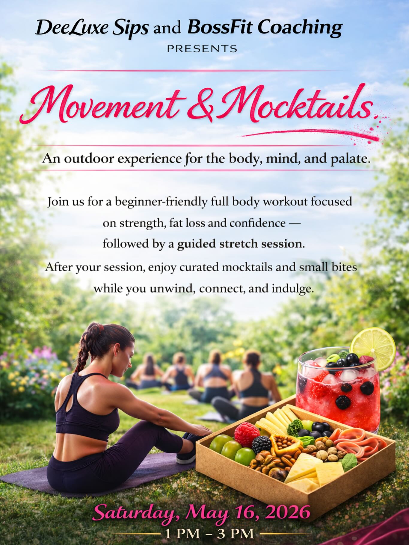 Come cute, move your body, stay comfy, and join us for a movement + mocktail experience like no other ✨
We’re blending fitness, vibes, and elevated sips.
Space is limited. DM me for more details 💖. #DeeLuxeSips #MovementAndMocktails #SweatSipSocialize #MocktailExperience #WellnessEvent