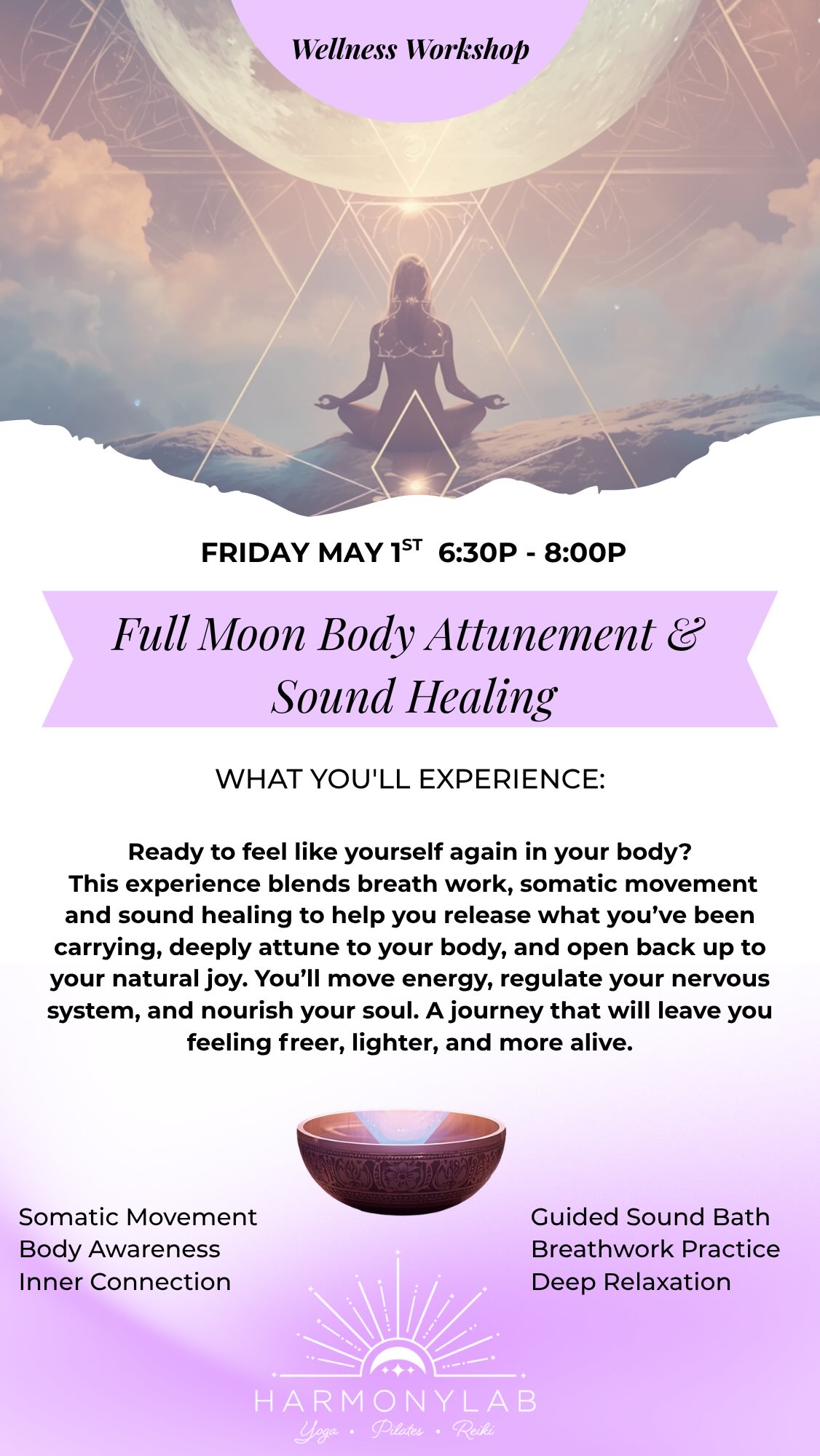 Full Moon Body Attunement & Sound Healing 🌕
There is something about the full moon that invites us to pause, release, and return to ourselves.
Join us for a deeply restorative experience designed to help you move energy, reconnect to your body, and soften into a deeper sense of presence. Through somatic movement, breathwork, and sound healing, you will be guided out of the mind and back into the wisdom of your body.
This is your space to let go of what you have been carrying and open back up to your natural rhythm, your intuition, and your joy.
✨ Friday May 1st | 6:30–8:00 PM
✨ @harmonylabaustin
With
Brookelin
Somatic Practitioner & Movement Facilitator
&
Laura
Founder of Harmony Lab, Yoga & Pilates Instructor, Sound Healing Facilitator
Spots are limited. Reserve your place through the studio MindBody or BEAMbodywisdom.com/beamovement. Link in bio
#fullmoonritual #somatichealing #soundhealing #austinwellness #austinyoga nervoussystemregulation embodiment breathwork healinthebody movementmedicine