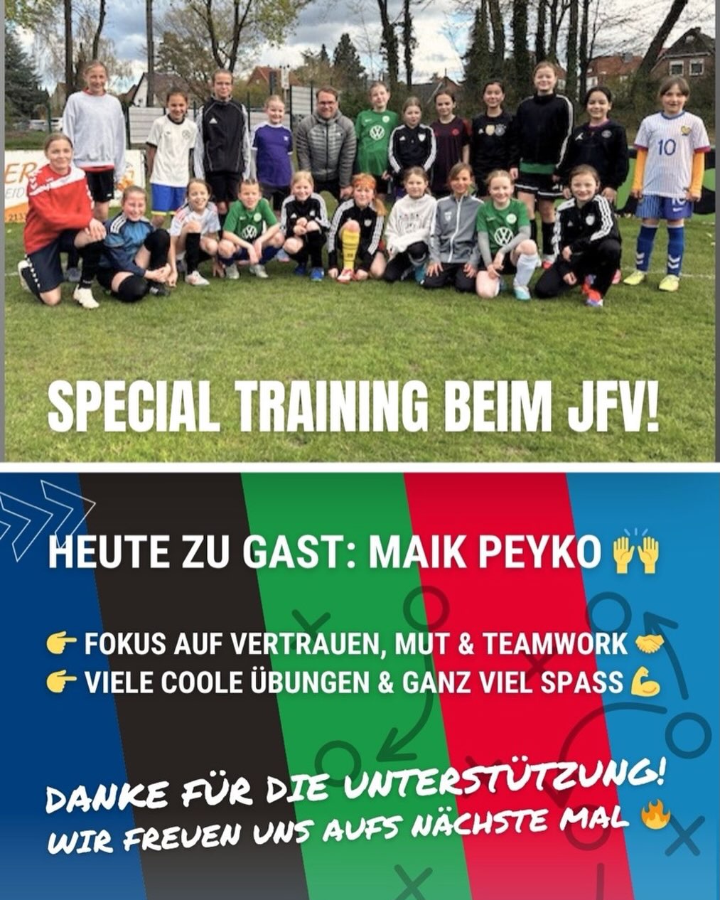 Am Freitag durften die Mädchen des JFV eine ganz besondere Trainingseinheit erleben 💪⚽️
Mit Unterstützung von Maik Peyko ging es nicht nur um Fußball, sondern vor allem um Vertrauen, Mut und Teamgeist 🤝
Durch abwechslungsreiche Übungen haben die Mädels gelernt, wie wichtig es ist, sich aufeinander zu verlassen und gemeinsam Lösungen auf dem Platz zu finden 🙌
Eine rundum gelungene Einheit – mit viel Spaß, neuen Impulsen und echtem Teamspirit!
Ein großes Dankeschön für die Unterstützung 🙏
Wir freuen uns schon auf die nächste gemeinsame Einheit! @maikpeyko
👉 www.instagram.com/maikpeyko/
👉 www.temp-projekte.de
#jfvmädchen #mädchenfußball #teamgeist #vertrauen #fußballliebe training girlspower