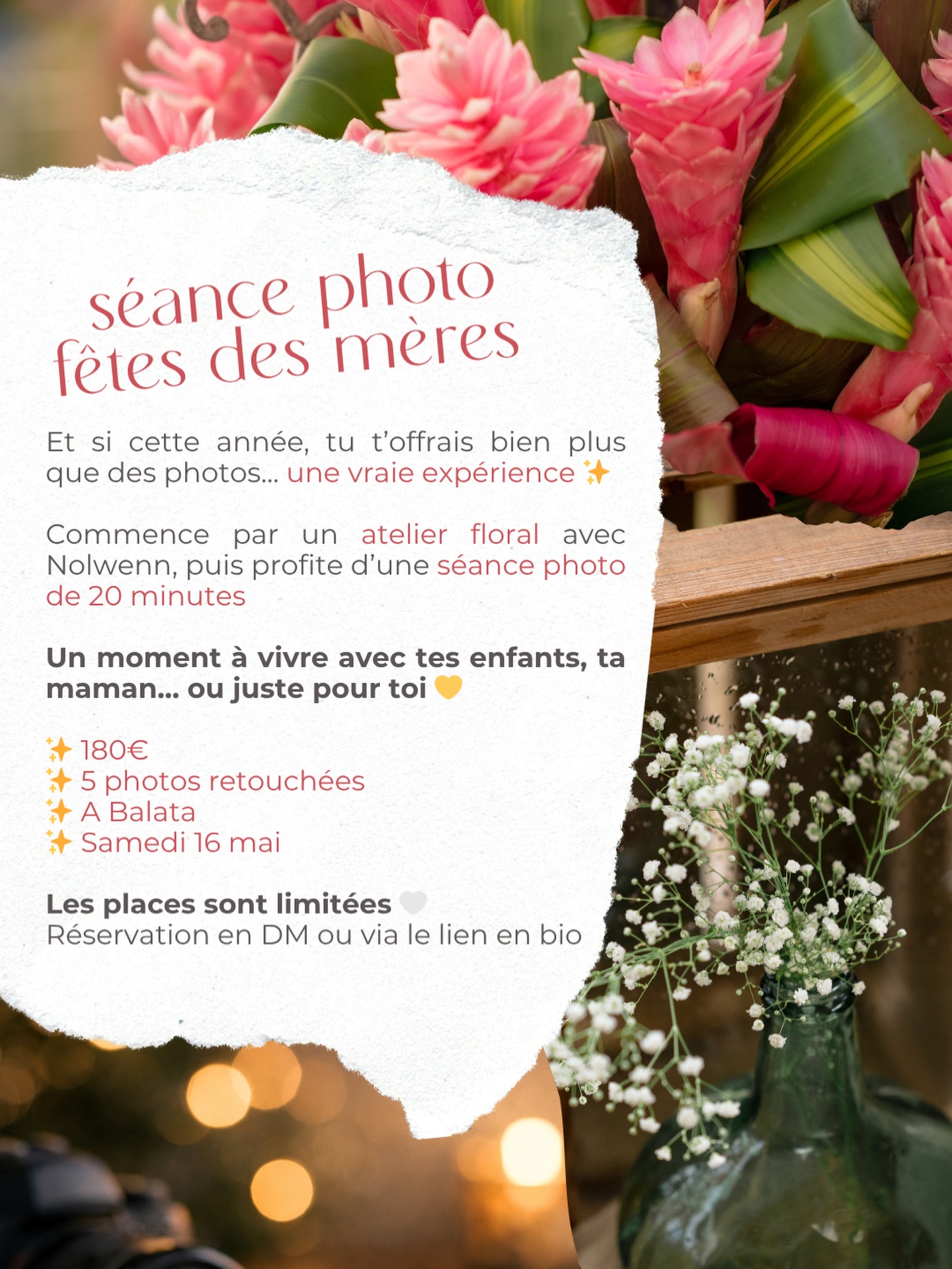 ✨ Et si cette année, tu t’offrais bien plus que des photos… une vraie expérience ✨
Pour la fête des mères, je te propose un moment hors du temps 🌸
Un instant à partager avec tes enfants, ta maman… ou simplement pour toi 💛
💐 Au programme :
Un atelier floral avec Nolwenn pour créer ton bouquet
Puis une séance photo de 20 minutes pour capturer ces instants précieux
📍 Balata
✨ Samedi 16 mai
✨ 180€
✨ 5 photos retouchées incluses
Les places sont limitées 🤍
📩 Réservation en DM ou via le lien en bio
#martinique #fêtedesmères #fetedesmeres #photodefamille #portrait