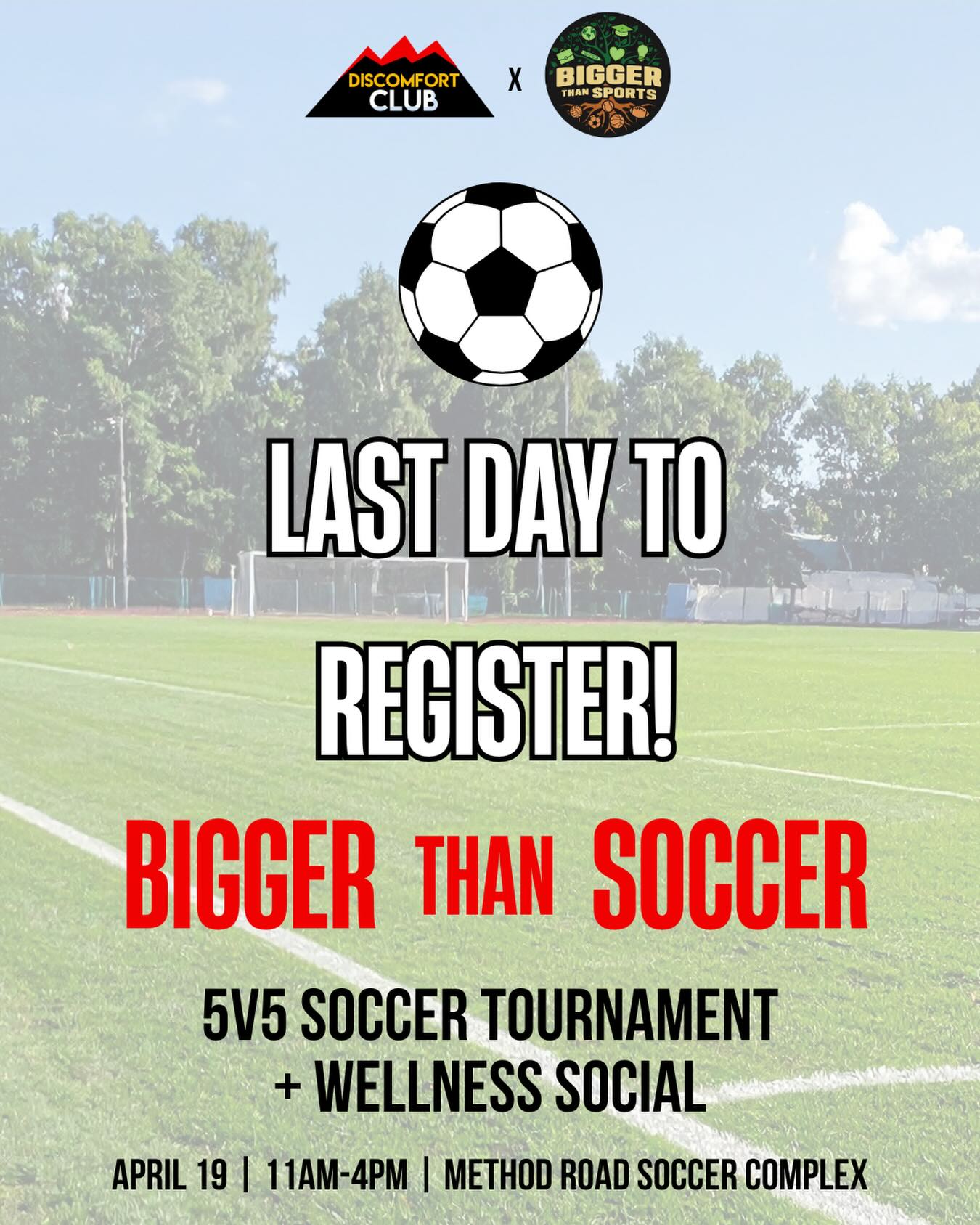 This is the last day to register for the tournament!
Make sure to sign up your team or as an individual player (we will assign you a team) by tonight!
Link to register is in our bio!
Sunday April 19th 11 AM-4PM Method Road Soccer Complex
P.S. If you are here for the live music and wellness events you can continue signing up and can even show up day of!