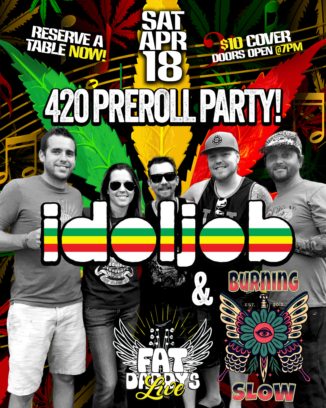 TONIGHT!!
Calling all potheads, stoners and chill reggae music fans!
the Fat Daddy's Annual 420 PREROLL PARTYY is TONIGHT
@idoljobmusic & @burningslowmusic headline the event
$10 Cover Charge
Doors open at 7PM
Music starts at 8:30PM
Tickets are still available at the door!
Preroll Drinks will be available made with @pamosbeverage or add Pamos or replace the liquor in your favorite drink with Pamos for a
nice change of pace!
Our menu is available or try out a PB&J Burger!
We got you covered at Fat Daddy's!
#fatdaddys #mansfield #mansfieldtx #preroll #stoner #reggae #orginalmusic #livemusic #liveshow #pothead #fatbowl #bongwater #letsgo #LetsChill #letshavesomefun #THCProducts #THCSpirits #marijuana