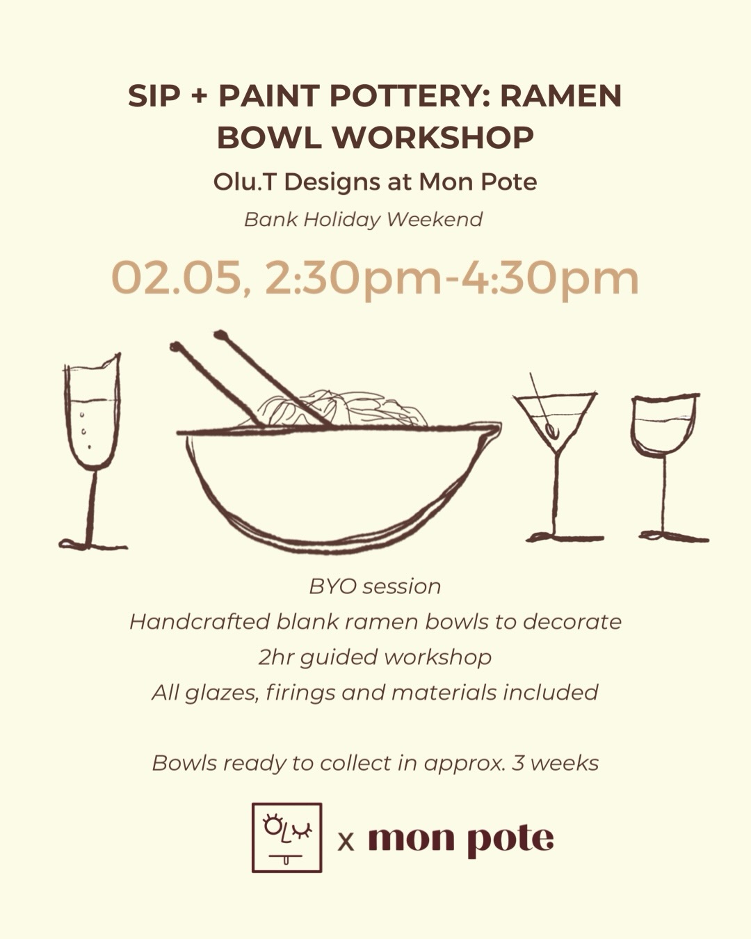 We’re back with another ramen bowl workshop @monpotehome … this time with a BYO sip and paint edition on bank holiday weekend 🥂
We’ll take care of crafting of your ceramic blank bowl beforehand for you. During this relaxed 2hr guided session, you’ll be able to decorate, stamp and add your own creativity to your piece.
The info:
• 2hr guided decorating for all abilities in a social setting
• BYO snacks and drinks
• Glazing techniques and tips included throughout the session (plus a ‘splatter’ station)
• All firings and materials included
• Premium glazes, decals and stamps included
Bring yourself, a friend, a few drinks and we’ll sort the rest. See you soon 🤎
(Swipe for previous results from our ramen bowl sgraffito workshops)
- link in bio for tickets -
#potteryworkshop #bristol #bankholidayweekend