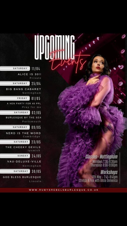 Travelling, performing, teaching, lots of bread and cheese, you know how it goes.
But who am I going to see and where? 👀
****
Tickets - link in my bio
Email - rubydwooo@gmail.com
Book on - www.rubysrebelsburlesque.co.uk/book
Weekly classes - Mondays & Thursdays
Online Sessions/Mentorships - Wednesdays & Fridays
Studio Privates & Solo Courses - Thursday PM & Saturday AM
✨ Also did someone say 3 dress rehearsals until my Big Bang Cabaret Student Showcase!!!
#UpcomingEvents #BurlesqueShows #BurlesqueClasses #NottinghamBurlesque