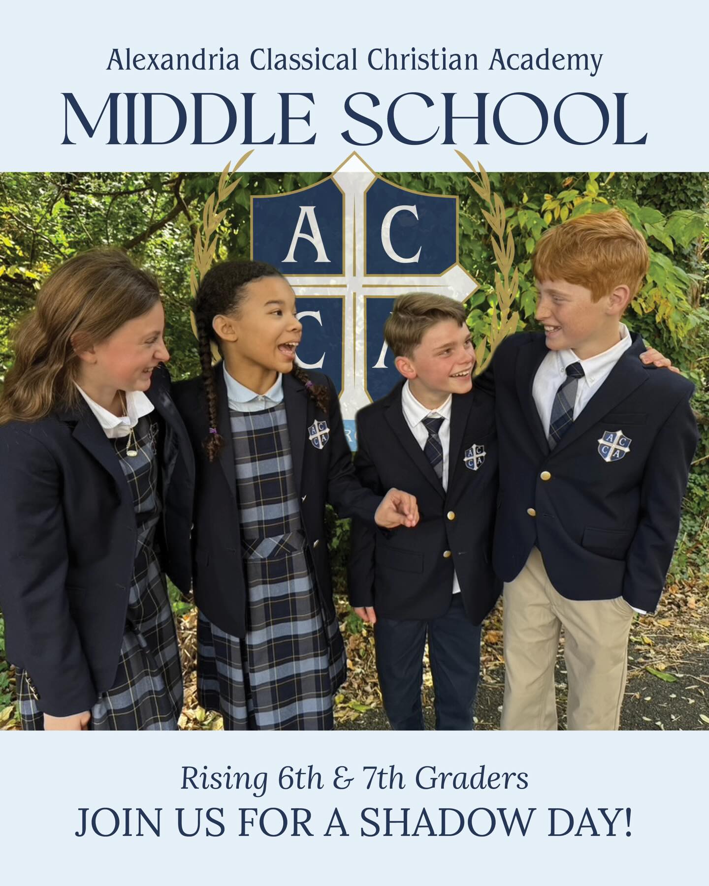 Middle School Spring Shadow Days at ACCA!
Rising 6th and 7th graders are invited to spend a day at Alexandria Classical Christian Academy. Join us for a Shadow Day to attend classes, experience discussion-based learning, and get a feel for the culture of our school.
At ACCA, we are intentionally building a middle school experience that forms students intellectually, spiritually, and socially during some of the most formative years of their lives. Rooted in a clear vision and strong leadership, ACCA is a school on the rise, investing thoughtfully in both faculty and program. We are cultivating a distinctive school culture marked by intellectual depth, strong community, and genuine joy. In a culture that often untethers young adolescents, ACCA offers clarity, structure, and purpose.
For the 2026–2027 school year, ACCA will serve grades Junior Kindergarten–7, with grade 8 added in 2027–2028.
To schedule a Shadow Day, please reach out to
Alexander Finestone
Alexander.finestone@accacademy.org