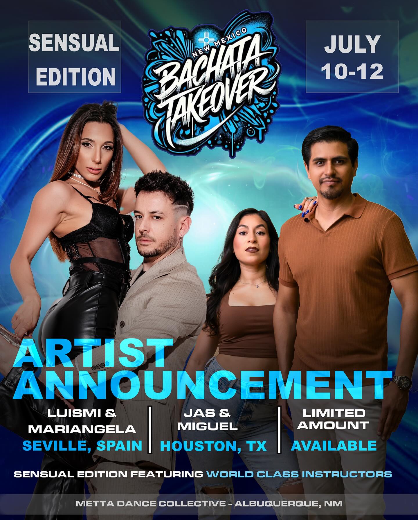🔥EARLY BIRD NOW AVAILABLE FOR PURCHASE 🔥
🎟️$80 for Workshops only
🎟️$100 for Full pass
💜Unlimited Metta memberships holders get 10%OFF
📅 July 10-12
👉🏼 Sensual bachata icons, Luismi y Mariangela from Spain
👉🏼Jas & Miguel from Houston, certified by Korke and Judith
✅ World-class bachata fusion training
✅ The best social dancing
✅ Jaw-dropping performances
💃 WHY JOIN?
✔️ Refine your technique & musicality
✔️ Deep-dive into sensual fusion
✔️ Dance and learn with community
#nmbachatatakeover