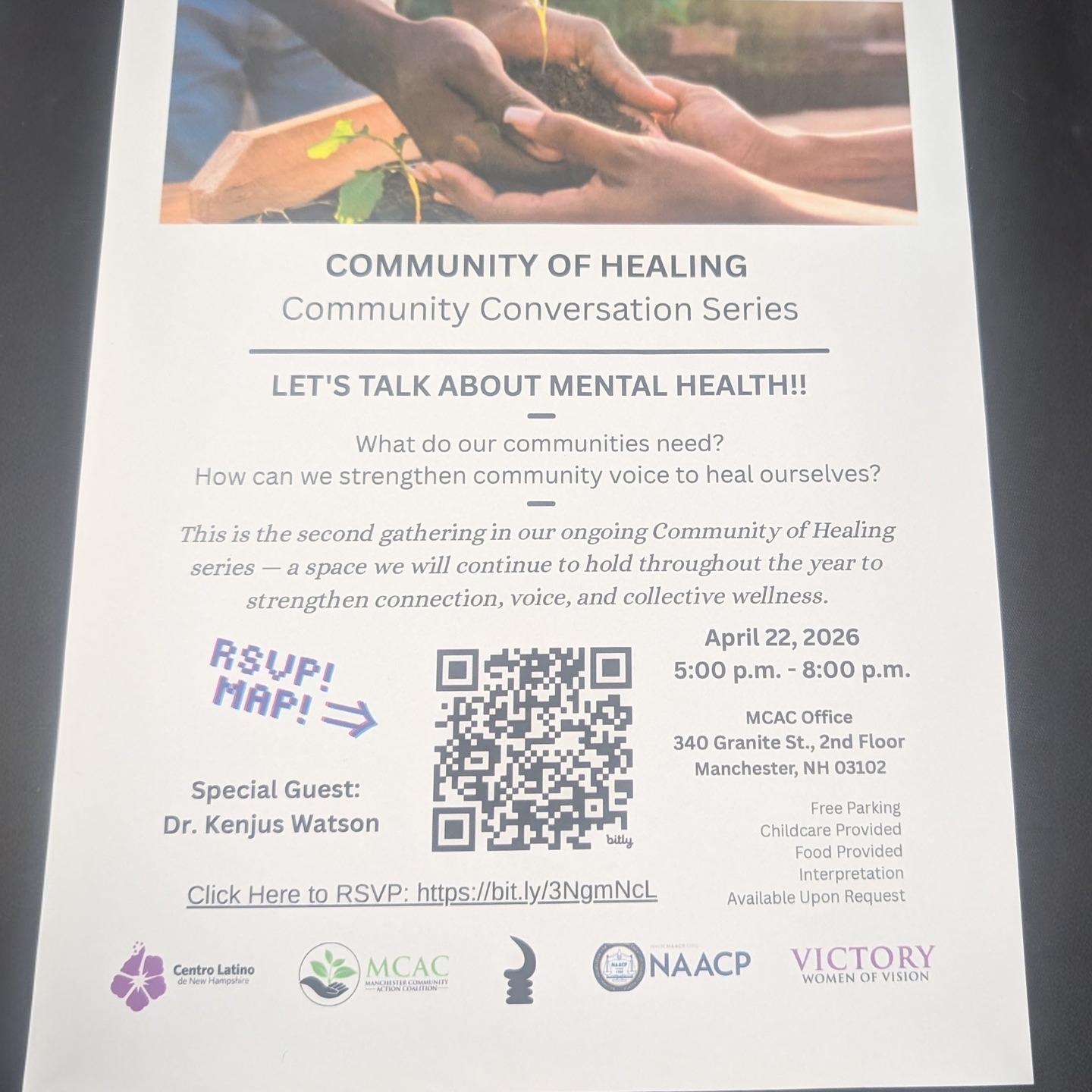 🌿 COMMUNITY OF HEALING 🌿
Let’s talk mental health.
What do our communities need, and how do we heal together?
Join us for real conversation, connection, and collective care. 🤝
📅 April 22, 2026
⏰ 5:00 PM – 8:00 PM
📍 MCAC Office, Manchester, NH
✨ Free parking, food & childcare
🎤 Special Guest: Dr. Kenjus Watson
🔗 RSVP: https://bit.ly/3NgmNcL
Your voice matters. 💚
#CommunityHealing #MentalHealthMatters #CollectiveCare #ManchesterNH