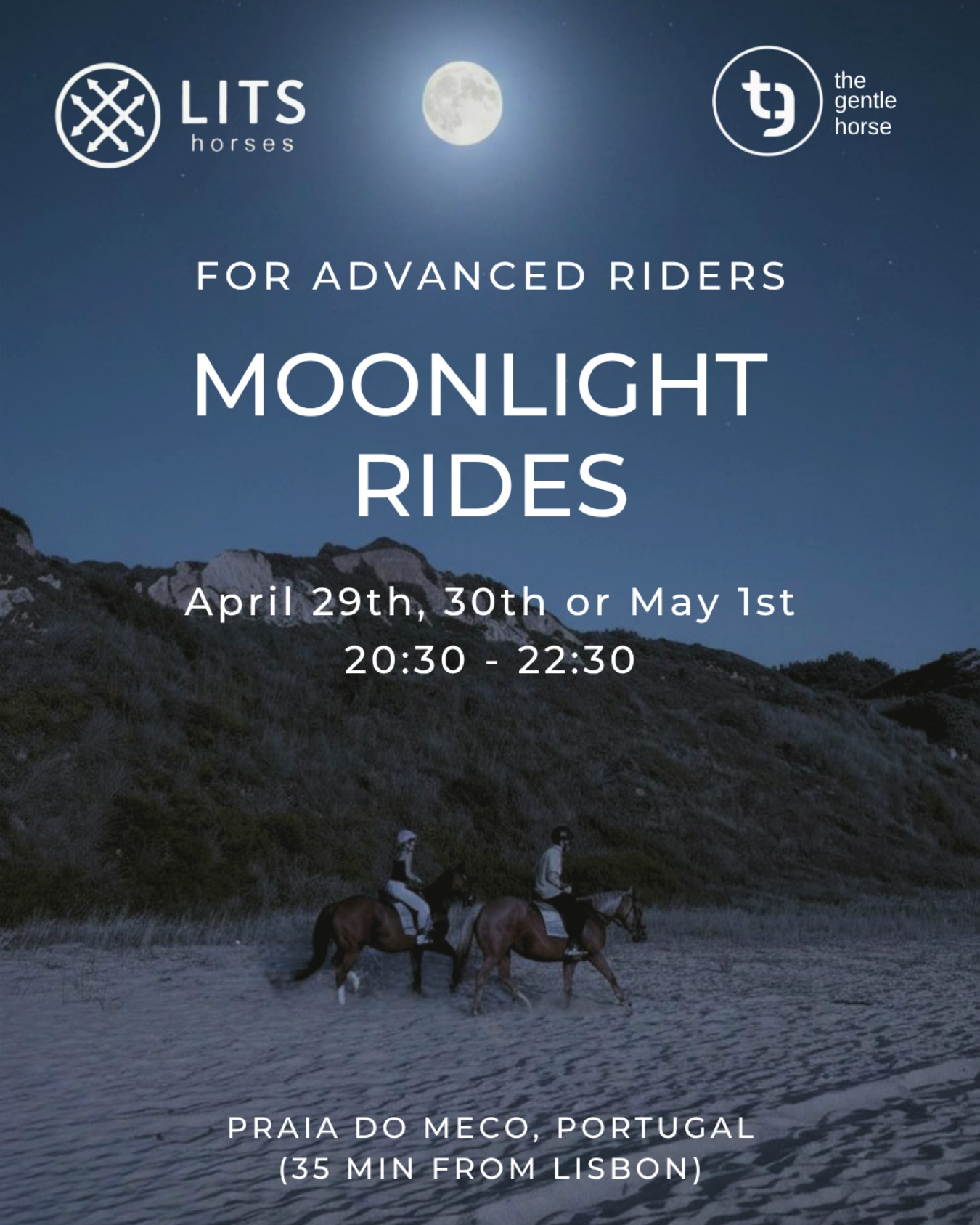 Moonlight Rides 🌕
Next dates: April 29th, 30th or May 1st
Designed for experienced riders, this night ride takes you through forest and along the beach under the light of the full moon. The path is naturally illuminated, the surroundings quiet, and the connection with your horse feels more focused and instinktive. A simple, powerful way to experience the landscape after dark. ✨
📍 Praia do Meco
🌐 Bookings & details: litshorses.com