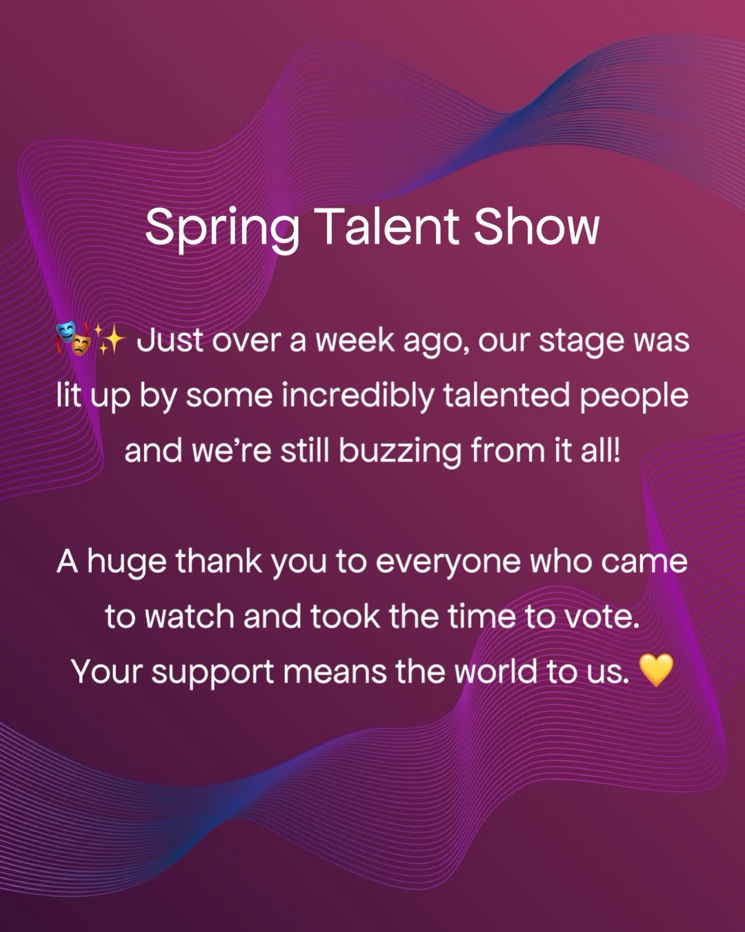 Here are the results of our Spring Talent Show
🏆 Public Vote Winner: The Slag Room
🏆 Jury Vote Winner: The Afterparty Angels
Congratulations to both, we cannot WAIT to see you perform again at our Summer Show on July 4th! 🎉
A massive round of applause to every single contender who stepped on that stage and poured their heart and soul into the show. You all made it truly special. 👏