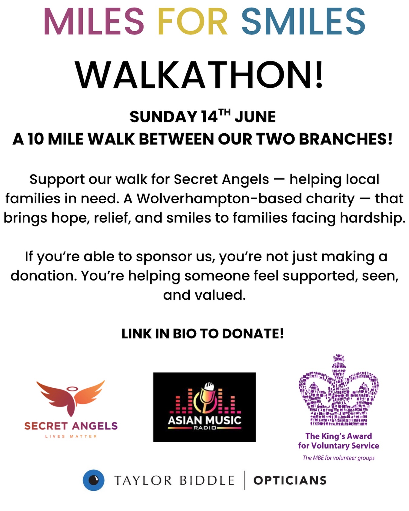 Miles for Smiles is a feel-good walkathon centred on positivity, wellbeing, and making a real difference in our community 💛
Funds raised, in partnership with Asian Music Radio 🎶, will support Secret Angels — a Wolverhampton-based charity and proud recipient of the King’s Award for Voluntary Service 👑 — in bringing hope, relief, and smiles to families facing hardship.
We’re proud to be backing a local cause that’s changing lives right here in our community 🙌
Why This Means So Much to Us 💭
We’re taking part in Miles for Smiles because we’ve seen first-hand the impact that even small acts of kindness can have 💛
Behind every food parcel is a parent worrying about how to feed their children.
Behind every warm space session is someone who may not have spoken to another person all week.
Behind every digital support session is someone who simply wants to book a GP appointment, apply for a job, or stay connected with family — but doesn’t know how.
No one should have to choose between heating and eating.
No one should feel invisible in their own community.
No one should be locked out of essential services because they lack digital access.
Secret Angels doesn’t just provide food — they provide dignity, connection, and hope 🌟
That’s why we’re walking 🚶♀️✨
Every mile we complete will help fund food support, warm community spaces, befriending services, and digital inclusion for those who need it most.
If you’re able to sponsor us — whether it’s £5, £10, or more — you’re not just making a donation. You’re helping someone feel supported, seen, and valued 💖
Let’s turn miles into smiles 💛
#MilesForSmiles #CommunitySupport #WellbeingMatters #MakeADifference #SupportLocal