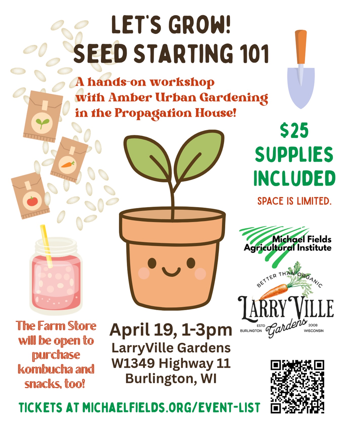 Earth Week starts tomorrow! Celebrate by planting some veggie and flower starts and learning all about best practices for seed starting, indoor growing, hardening off, transplanting and soil health. Join us in the Propagation House at @larryvillegardens in Burlington, and bring questions for @urban.amber.gardening and MFAI Research Director Dr. Nicole Tautges. The Farm Shop will be open, so you can buy snacks and @livingfullkombucha ON TAP to enjoy during your class. You will take home a seeded flat to kick start your garden year!