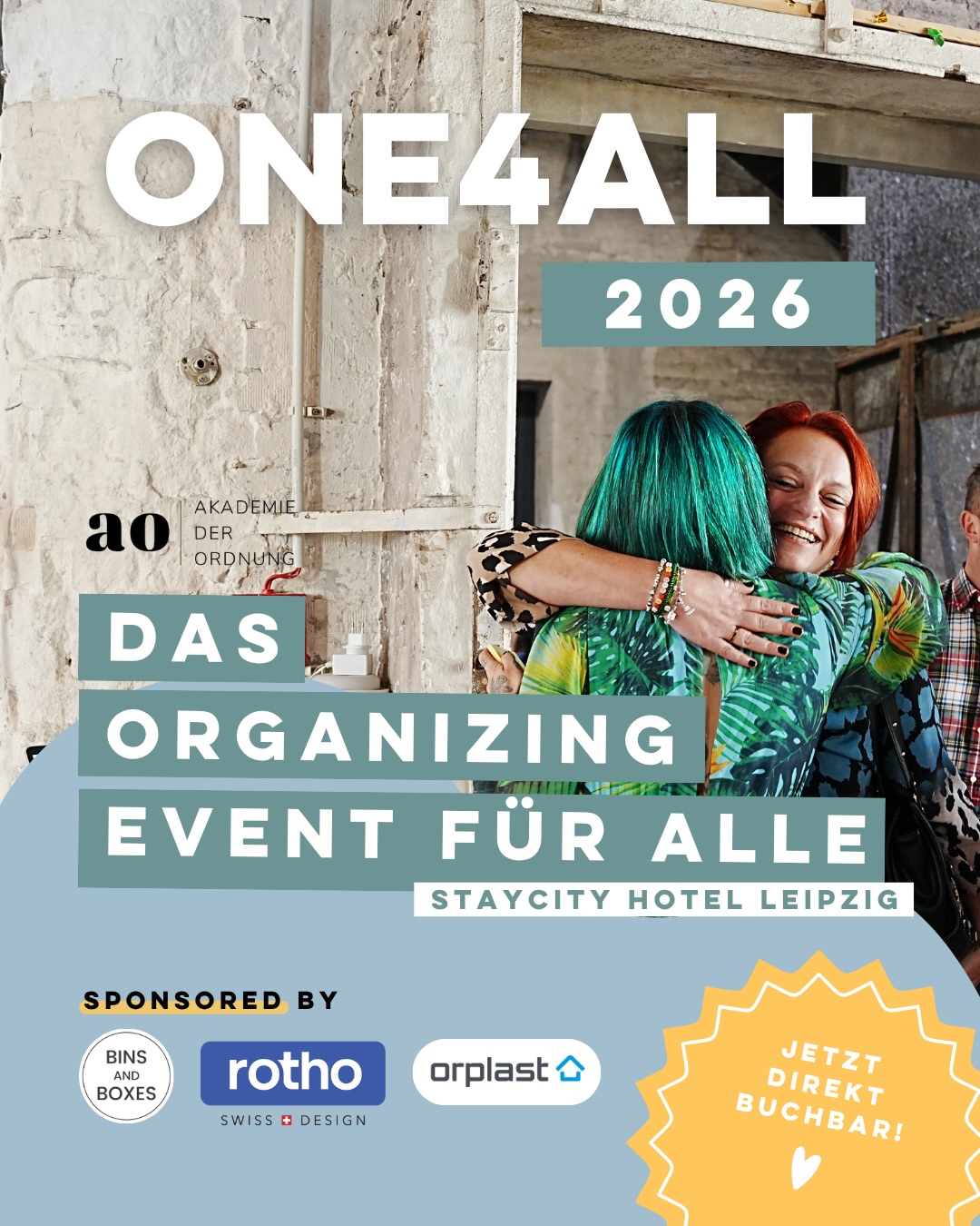 GOOD NEWS ⤵️
Die Tickets für unser ONE4ALL – das Organizing Event für alle am 26.09.2026 in Leipzig im Staycity Hotel können AB SOFORT direkt über unsere Website gekauft werden. ✨
Nachdem der Vorverkauf gestartet ist, geht es jetzt in die nächste Phase:
Du kannst dir deinen Platz nun ganz offiziell über unsere Seite sichern.
Auch in diesem Jahr soll das ONE4ALL mehr sein als ein Event:
Es darf ein Wochenende voller Impulse, Begegnungen und echtem Austausch werden.
Damit du genau die Teilnahme wählen kannst, die zu dir passt, stehen dir drei Ticketkategorien zur Verfügung.
Und während ihr euch eure Tickets sichert, sind wir bereits mitten in der Planung:
Wir arbeiten gerade an spannenden Vorträgen und Workshops mit Speaker:innen, damit das ONE4ALL auch inhaltlich ein besonderes Erlebnis für euch wird.
Wenn du dabei sein möchtest, ist jetzt der richtige Moment, dir deinen Platz zu sichern.
Den Ticketlink findest du ab sofort auf unserer Webseite.
Oder kommentiere mit LINK unter diesem Beitrag und wir schicken ihn dir direkt zu.
Wir freuen uns sehr auf dieses besondere Wochenende mit euch. 💫
ORDNUNGSCOACH
PROFESSIONAL ORGANIZING
HOME ORGANIZING
COMMUNITY EVENT
#organizingevent #akademiederordnung #ordnungalsberuf #homeorganizing #communityevent