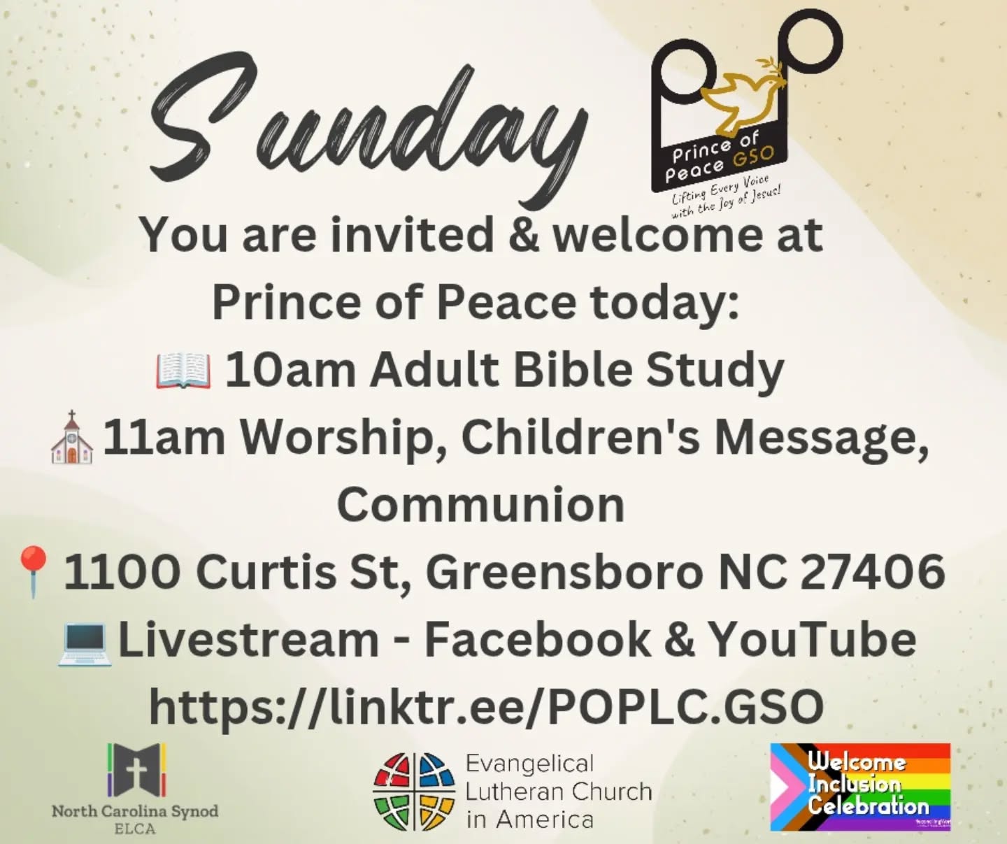 Prince of Peace today:
📖 10am Adult Bible Study
✝️ 11am Worship, Children's Message, Communion
➡️ 1100 Curtis St Greensboro 27406
🖥️ Livestream - Facebook & YouTube
https://linktr.ee/POPLC.GSO
You will find the bulletin and lessons at the linktree above or in bio.