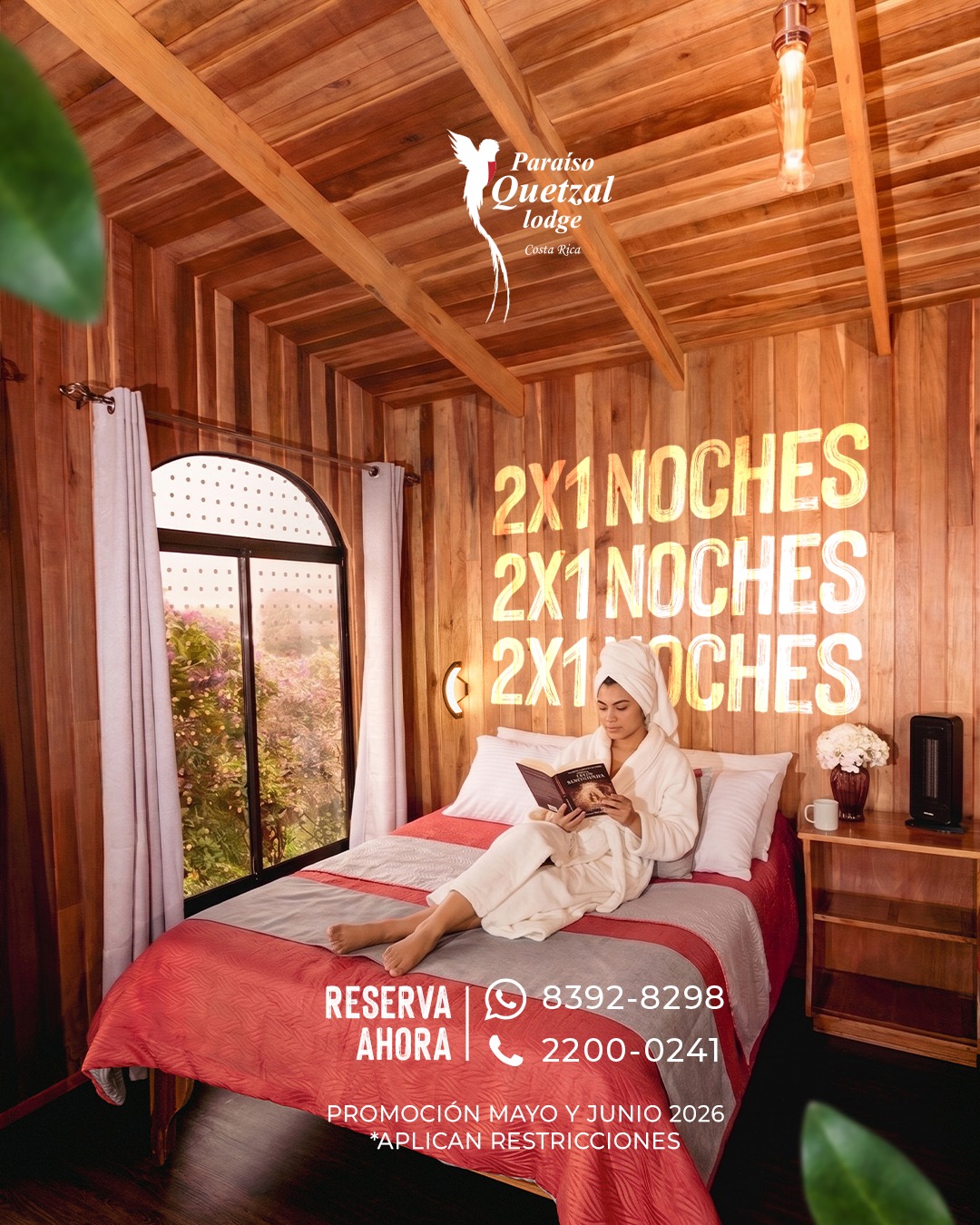 Una noche es un descanso. Dos noches es una historia. ¿Cuándo fue la última vez que te tomaste tiempo para descansar y disfrutar?
Te damos el regalo de 2x1 NOCHES para los meses de Mayo y Junio 2026. Imagina amanecer con el canto de los pájaros y disfrutar de dos días de pura paz en nuestros acogedores bungalows de madera. El desayuno está incluido para empezar el día con toda la energía.
Ven a crear memorias inolvidables. ¡Etiqueta a tu compañer@ de aventuras con el que te gustaría disfruar esta promoción! 👇
☕ Reservas de la promoción exclusivamente mediante:
📲 WhatsApp: 8392-8298
📞 Teléfono: 2200-0241
*Promoción Mayo y Junio 2026. Aplican restricciones.