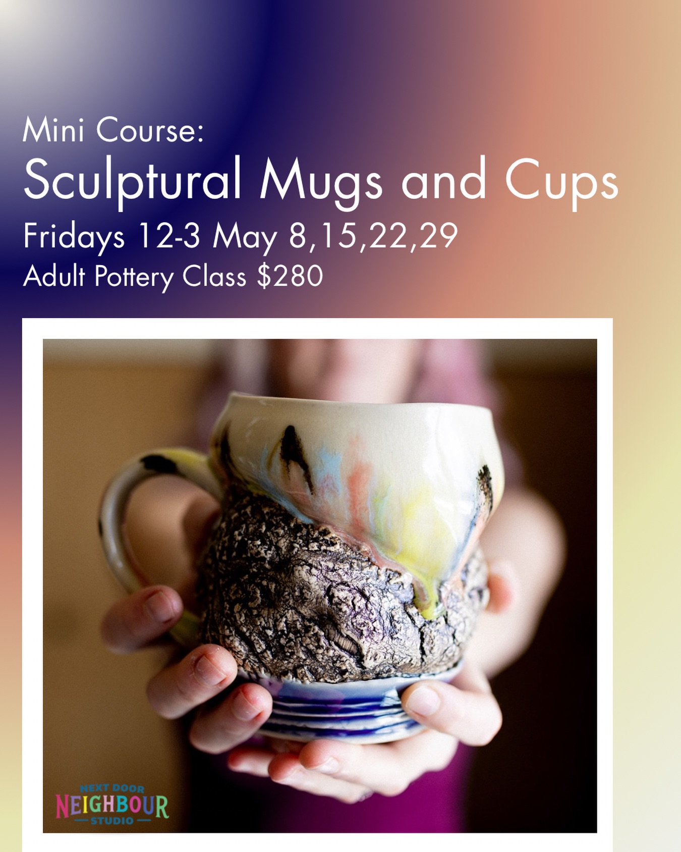 💖NEW MINI COURSE💖
Join local ceramic artist Crystal Nykoluk and dive into the world of sculptural clay while creating your own set of functional pots. In this four-week mini course, you’ll learn the basics of handbuilding with clay slabs and explore sculpting textures inspired by your own ideas and surroundings. Along the way you’ll discover how to combine function and sculpture to create unique, personal pieces that are both beautiful and usable. Leave this mini course with a set of your very own unique mugs or cups. $280 All supplies included - clay, tools, glazing and firing.
