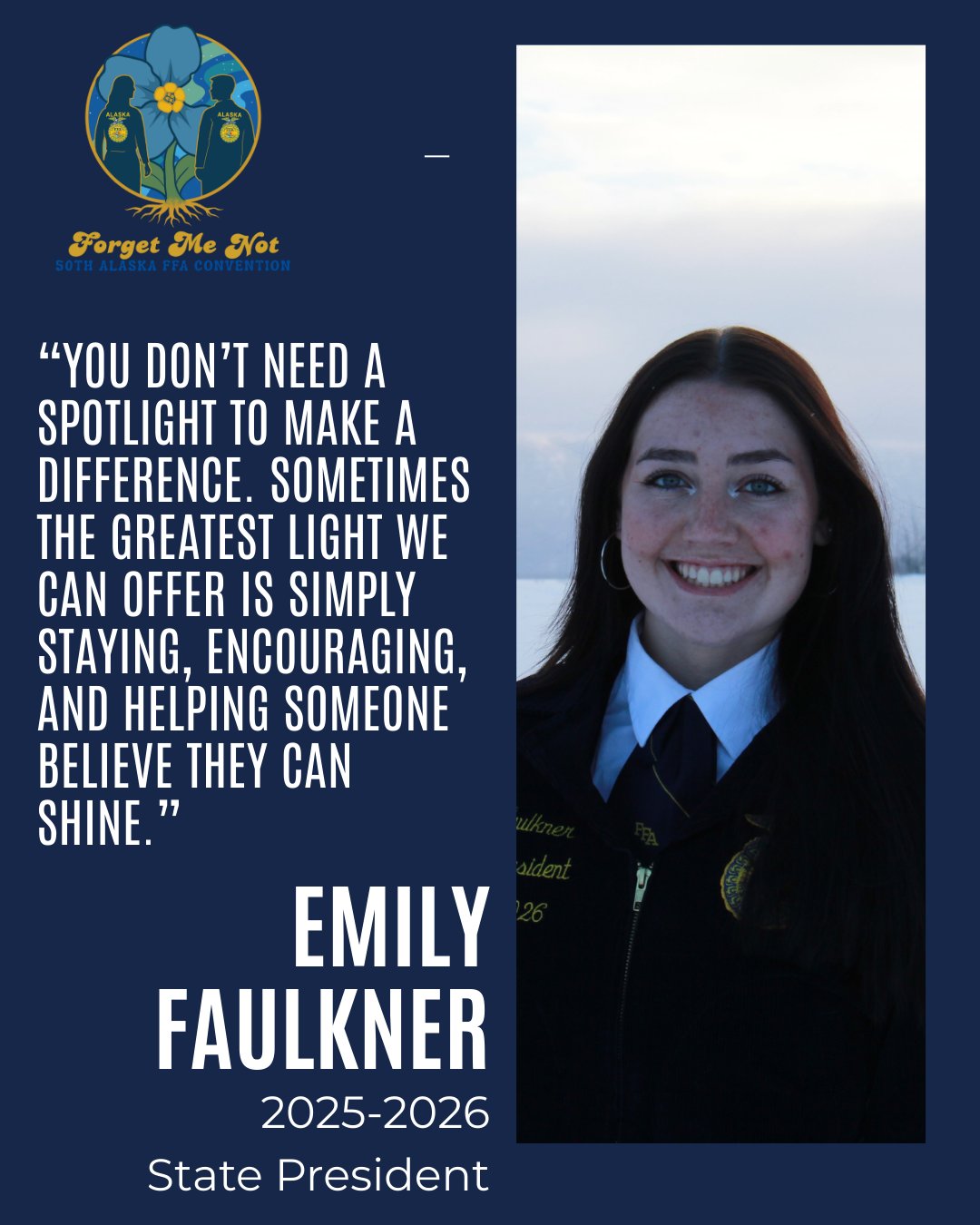 Thank you Emily Faulkner, for your year of service to this association and the many years you have given to FFA! Alaska FFA, your 2025-2026 State Vice President!