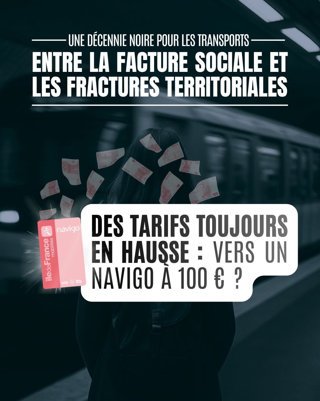 2/7 Des tarifs toujours en hausse
Le Navigo à plus de 100 € d’ici 2030 ? C’est la trajectoire du protocole Pécresse-Beaune.
Faute de financements alternatifs, la facture pèse sur les usagers alors que le réseau est encore en difficulté et les bugs de la billettique persistent.