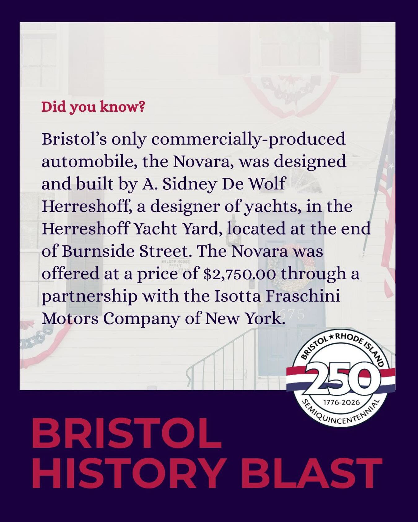 From yachts… to cars?! 🚗
Bristol’s own Novara proves this town has always been driven by innovation.
#bristolri #bristolri250 #RIHistory #America250