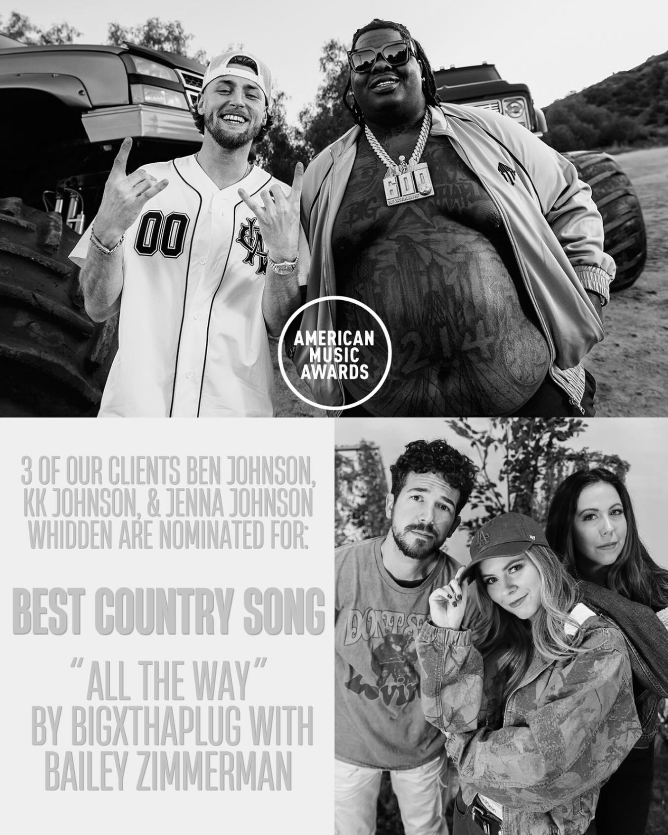 Congrats to our clients Ben Johnson, KK Johnson, and Jenna Johnson Whidden on their nomination for Best Country Song for “All The Way.” Proud to work with such talent.✨🎶
#CountryMusic #Nominated #MusicIndustry #americanmusicawards2026