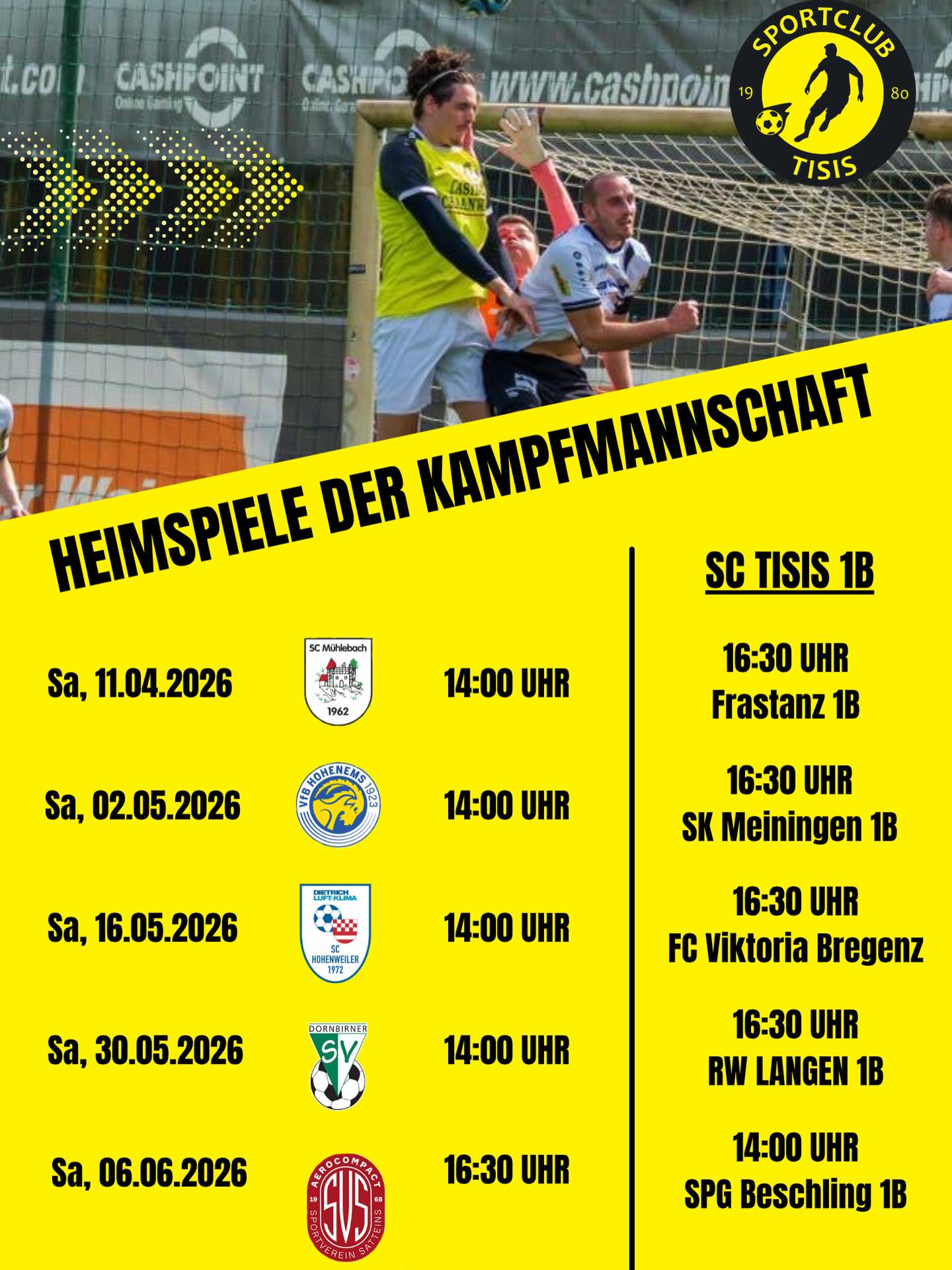 🔥 Spieltermine 2026 – Kampfmannschaft 🔥
Der SC Tisis ist bereit für die neue Saison – und wir sind auf Kurs Richtung Meistertitel! 🏆💪
Kommt vorbei, unterstützt uns lautstark und seid Teil unserer Reise! Gemeinsam holen wir das Maximum raus! 💛🖤
📅 Alle Termine im Überblick – wir zählen auf euch!
#SCTisis #Kampfmannschaft #Matchday #Meisterkurs #gemeinsamstark
