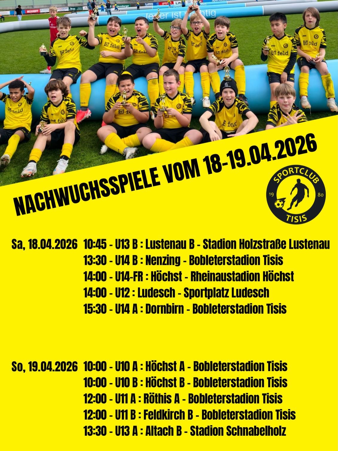 Auch dieses Wochenende ist bei unserem Nachwuchs wieder richtig was los! ⚽🔥
Unsere jungen Talente stehen bei spannenden Turnieren auf dem Platz und zeigen vollen Einsatz, großen Teamgeist und pure Freude am Fußball.
Kommt vorbei, feuert unsere Teams an und erlebt mit uns tolle Spiele und eine großartige Atmosphäre! 🙌
#Nachwuchs #Fußball #Teamgeist #Turnier #sctisis