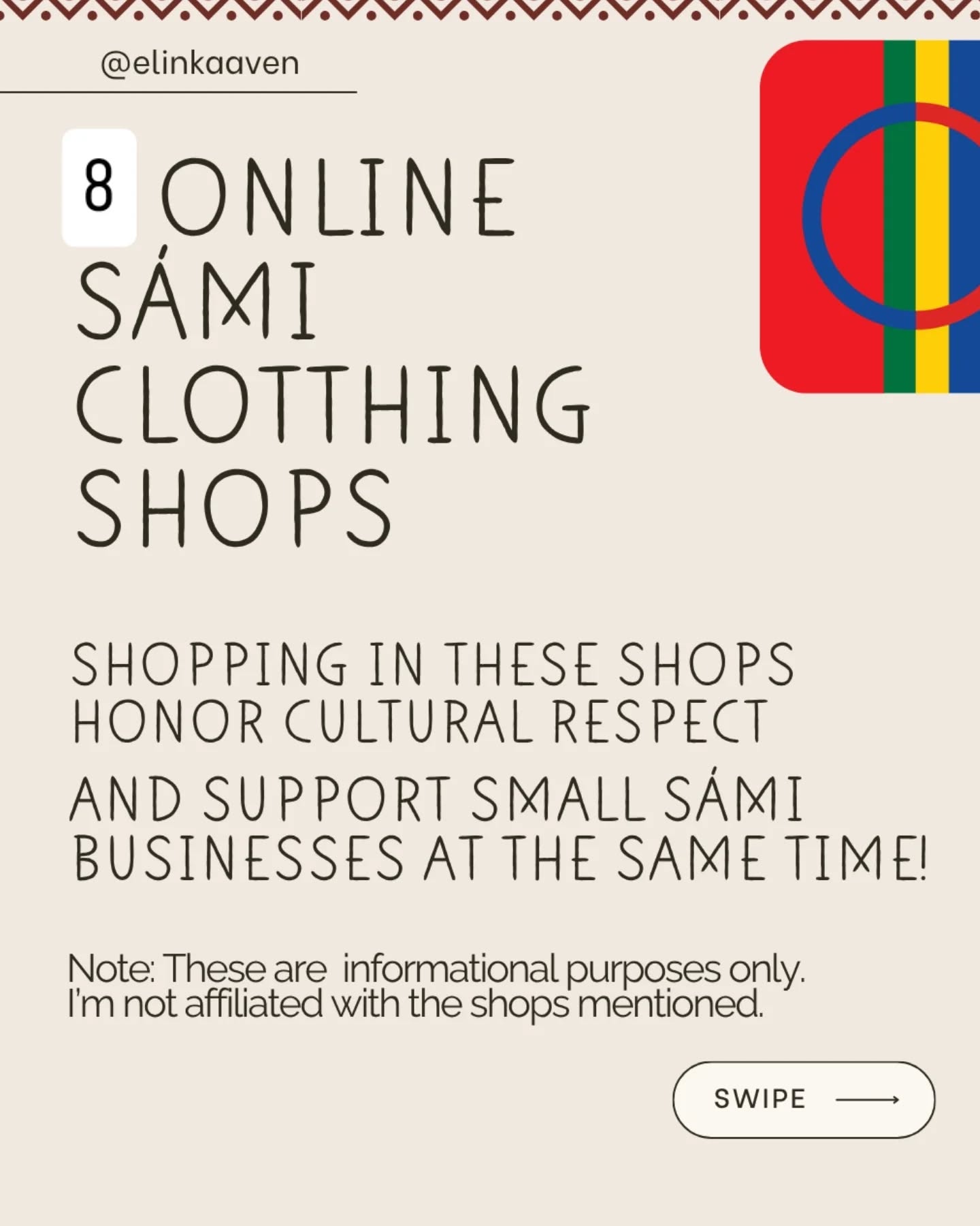 This is like an advertisement, but it is only meant for informational purposes.
Sámi bivttas buvddat gos mun livččen gávpošit! 😍
I am not affiliated nor sponsored by any of the shops, and I don't know much more about these shops than that they exist and that I shop in them myself. 🤩
You can contact the store directly to get answers to specific questions about shipping and all of that. 📨
These shops are specifically for clothing, and this list does not include all shop. I know about more shops on the Norwegian side, then rest of Sápmi. 👗👕👖🧦
Let me know if you want more tips for jewelry or accessories, home decor etc...
#sápmi #sámiclothing #clothingline #