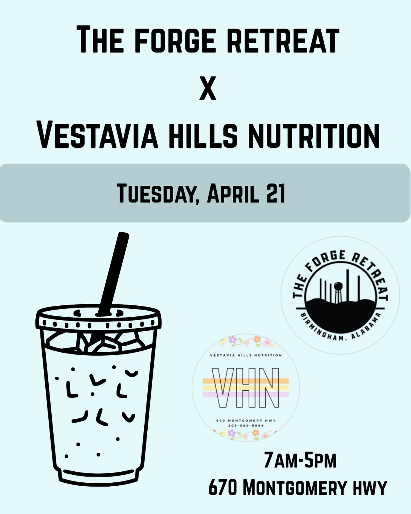 We’re partnering with @vestaviahillsnutritionn for a percentage day TOMORROW! Stop by anytime April 21 for a loaded tea or shake in between classes or while you’re out and about! See you there!