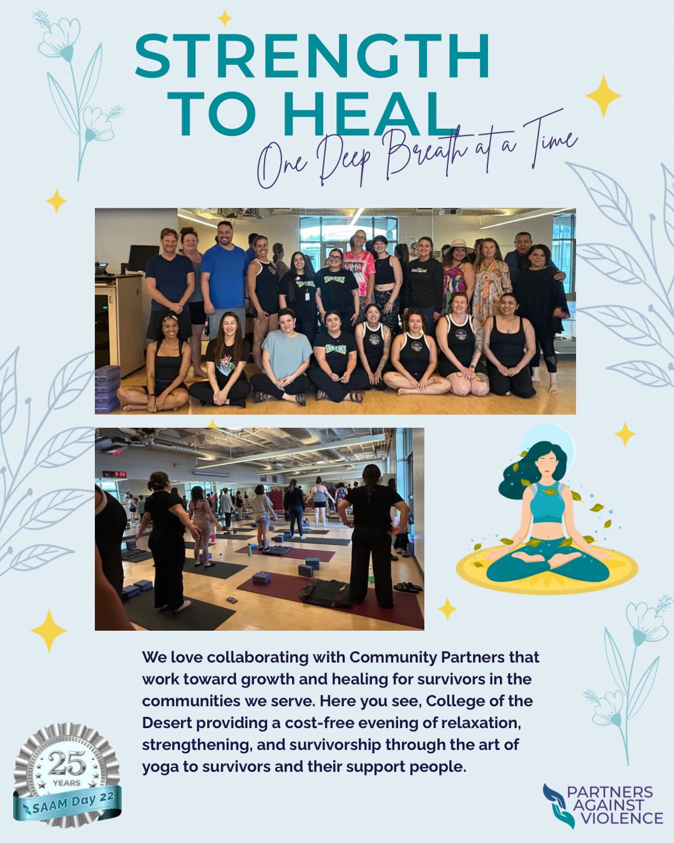 Healing Forward
Thank you @collegeofthedesert @cod.yogaprogram for hosting a safe place for survivors to focus on their healing. It was a great evening. We hope we can collaborate again. #30daysofsaam2026 #day22 #yoga #healingjourney @nsvrc
